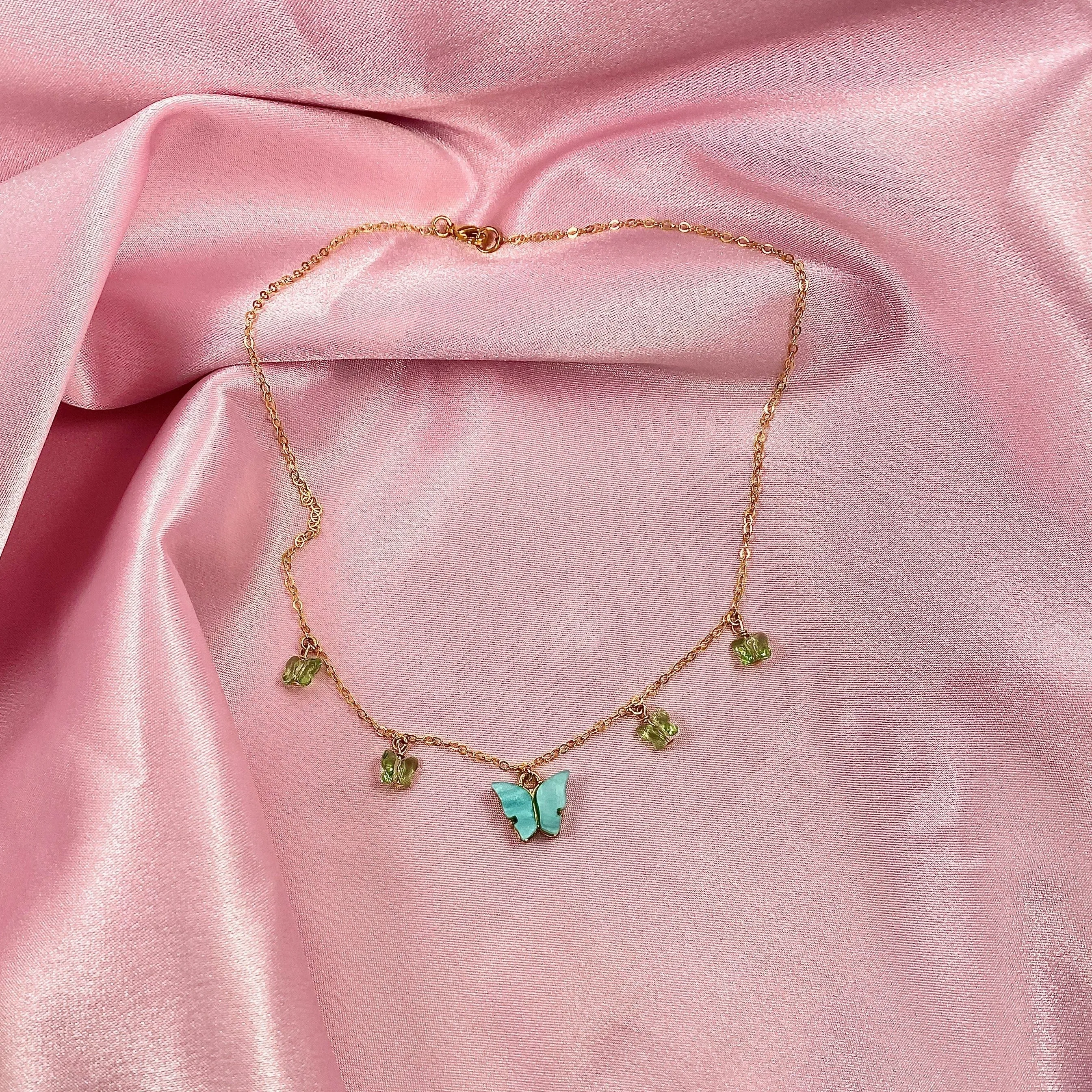 Ice Blue Peridot Butterfly Choker 14K Gold Necklace