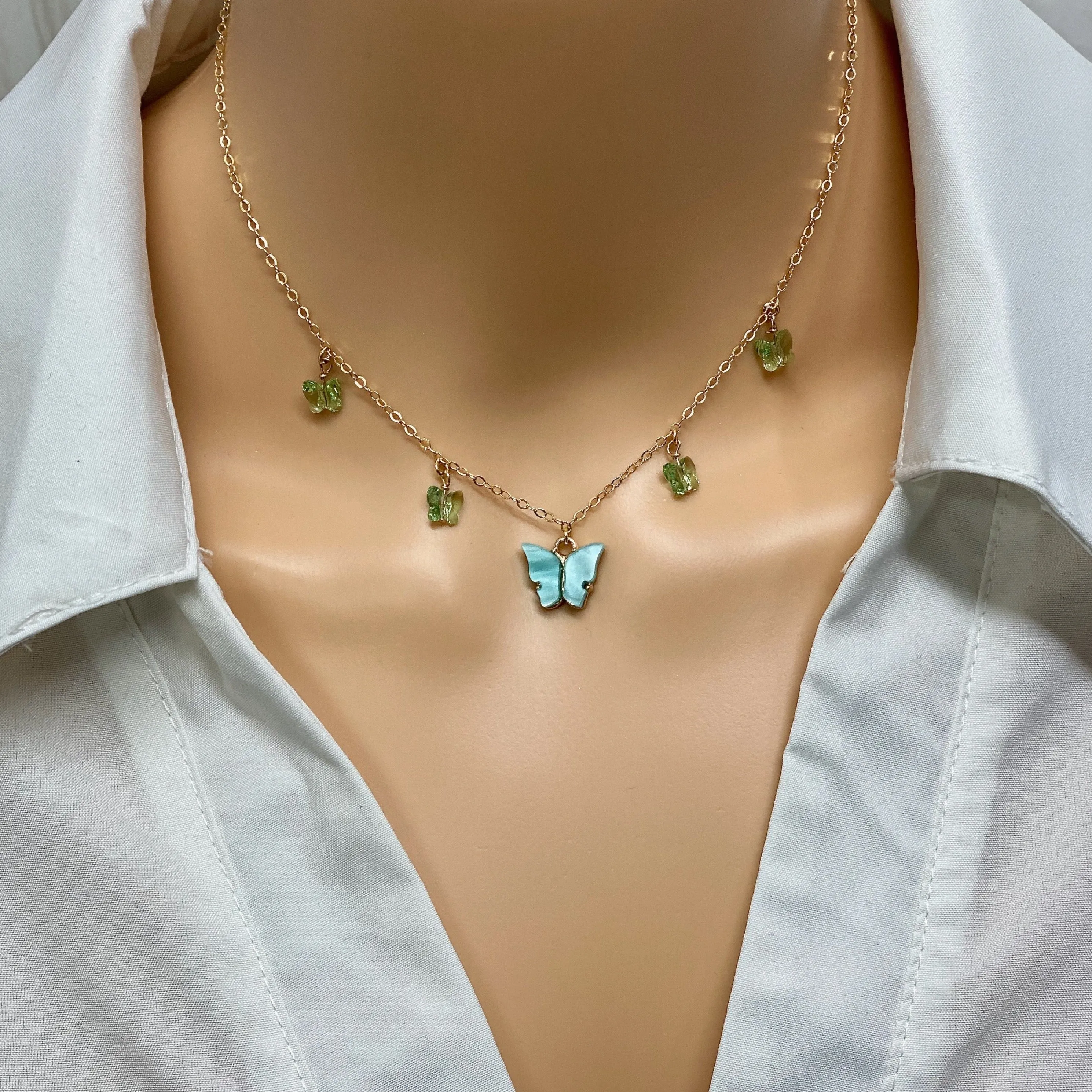 Ice Blue Peridot Butterfly Choker 14K Gold Necklace