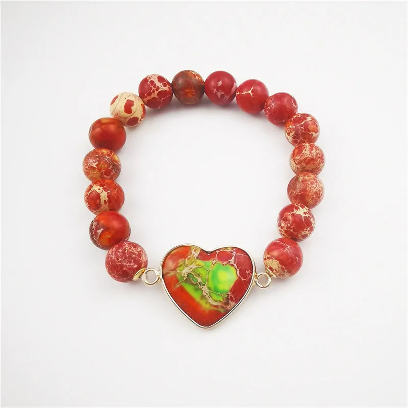 Imperial Jasper Heart Charm Stretch Bracelet