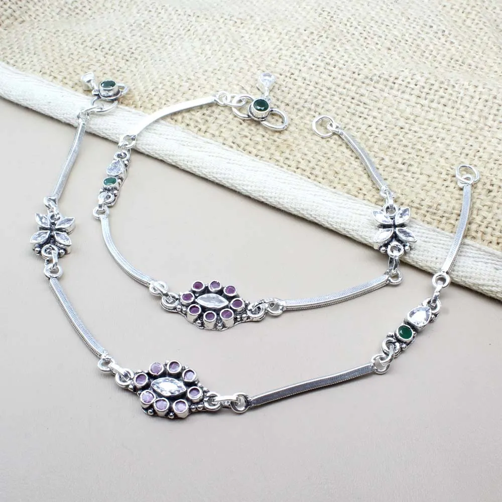 Indian Ethnic Style 925 Real Solid Silver CZ Oxidized Anklets Ankle 10.5"