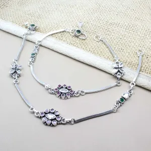 Indian Ethnic Style 925 Real Solid Silver CZ Oxidized Anklets Ankle 10.5"