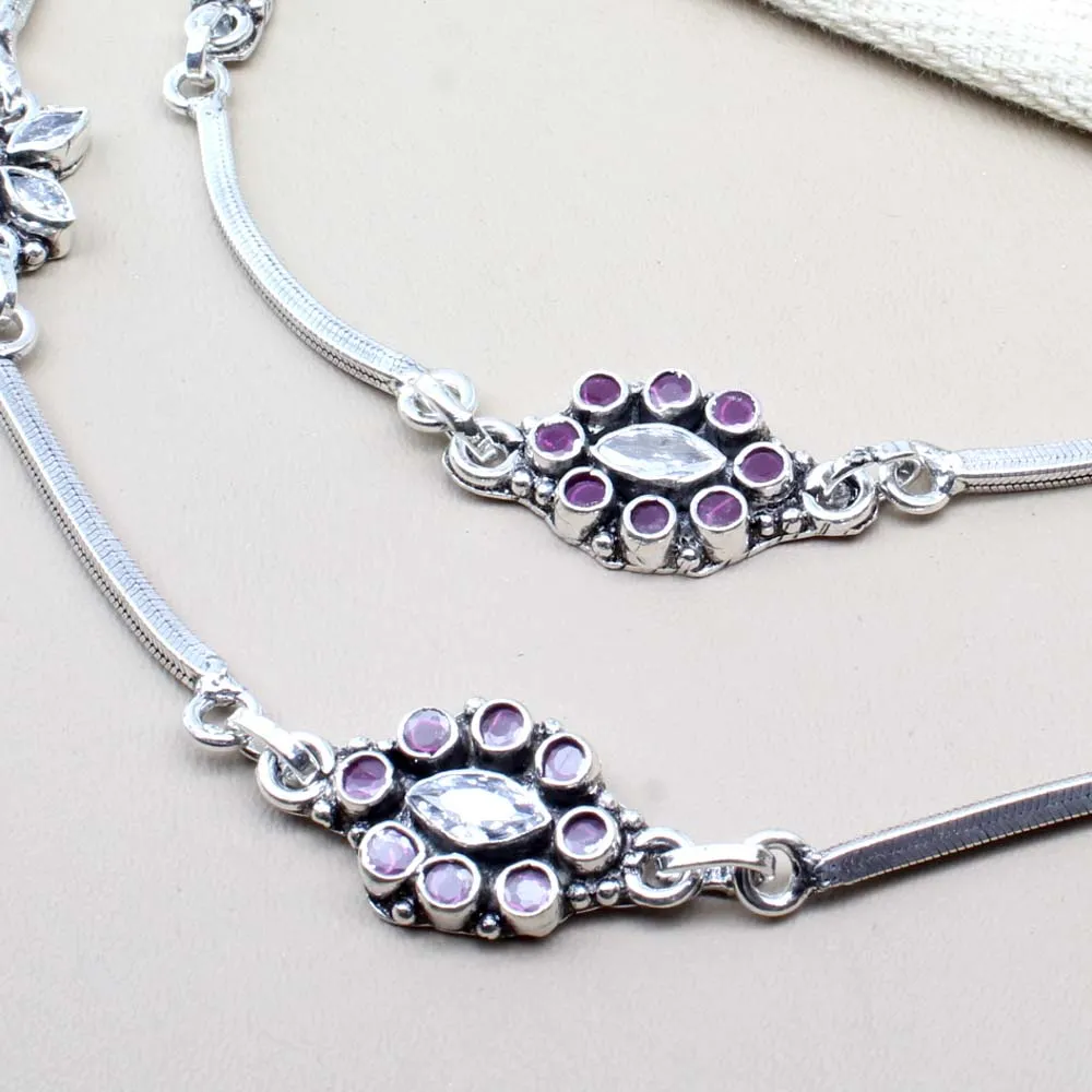 Indian Ethnic Style 925 Real Solid Silver CZ Oxidized Anklets Ankle 10.5"