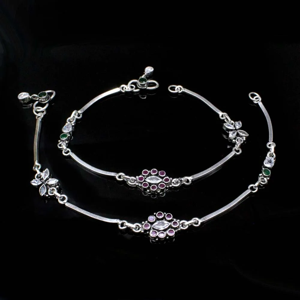 Indian Ethnic Style 925 Real Solid Silver CZ Oxidized Anklets Ankle 10.5"