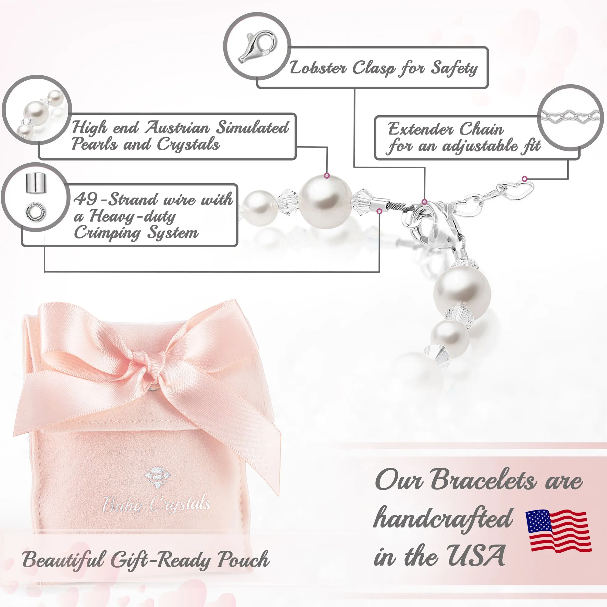 Infant Baby Girl Bracelet with White Pearl & Silver Crimps