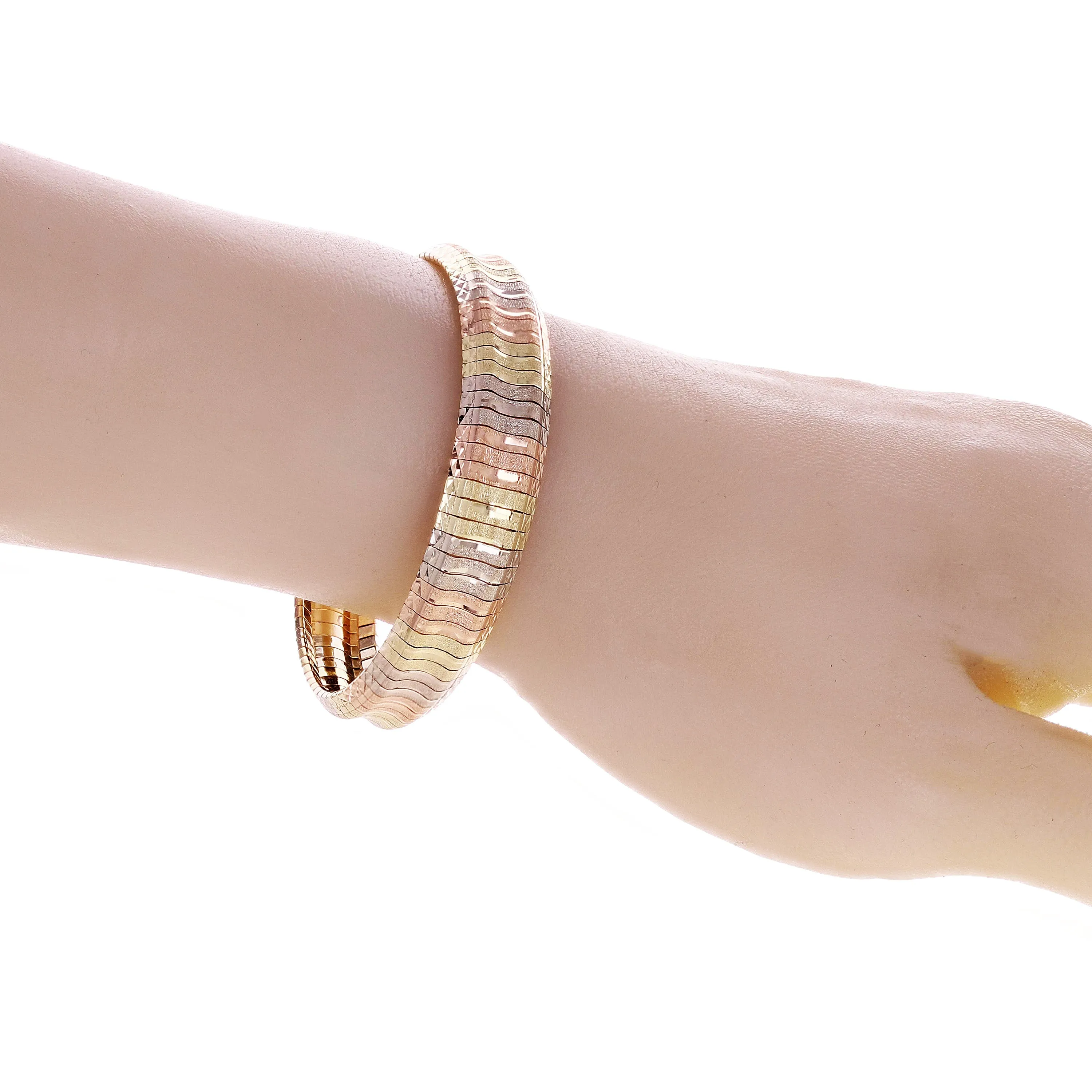 Italian 14k Tri-Color Gold Diamond Cut Omega Bangle Bracelet 7" 11.5mm 22.2grams