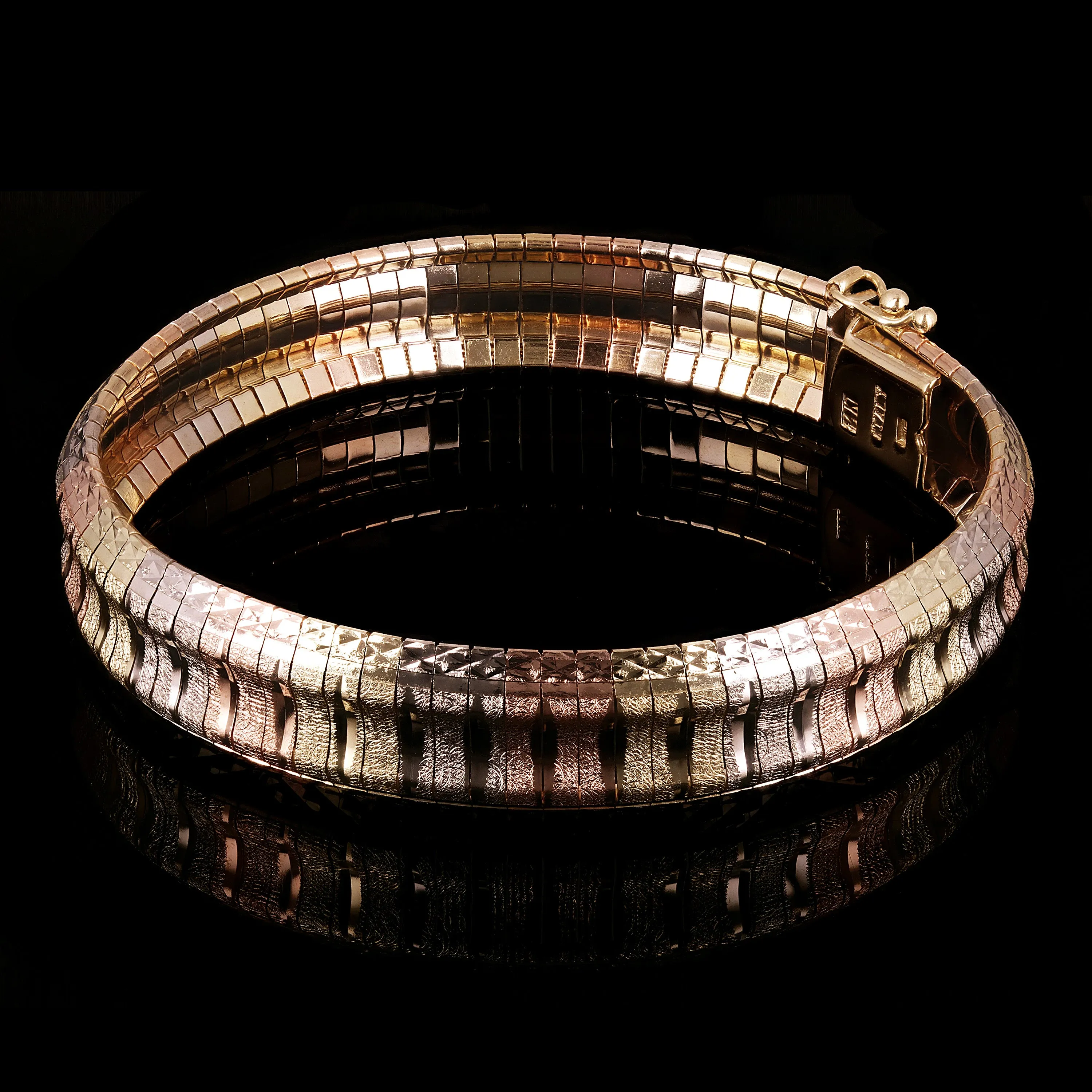 Italian 14k Tri-Color Gold Diamond Cut Omega Bangle Bracelet 7" 11.5mm 22.2grams
