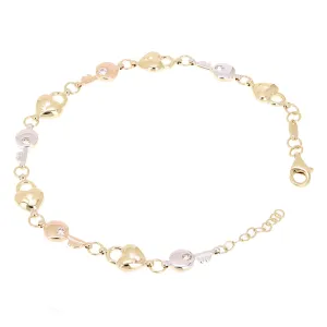 Italian 14k Tri Color Gold Heart Lock Key Charm Bracelet 7.5" 7.2mm 5.8 grams