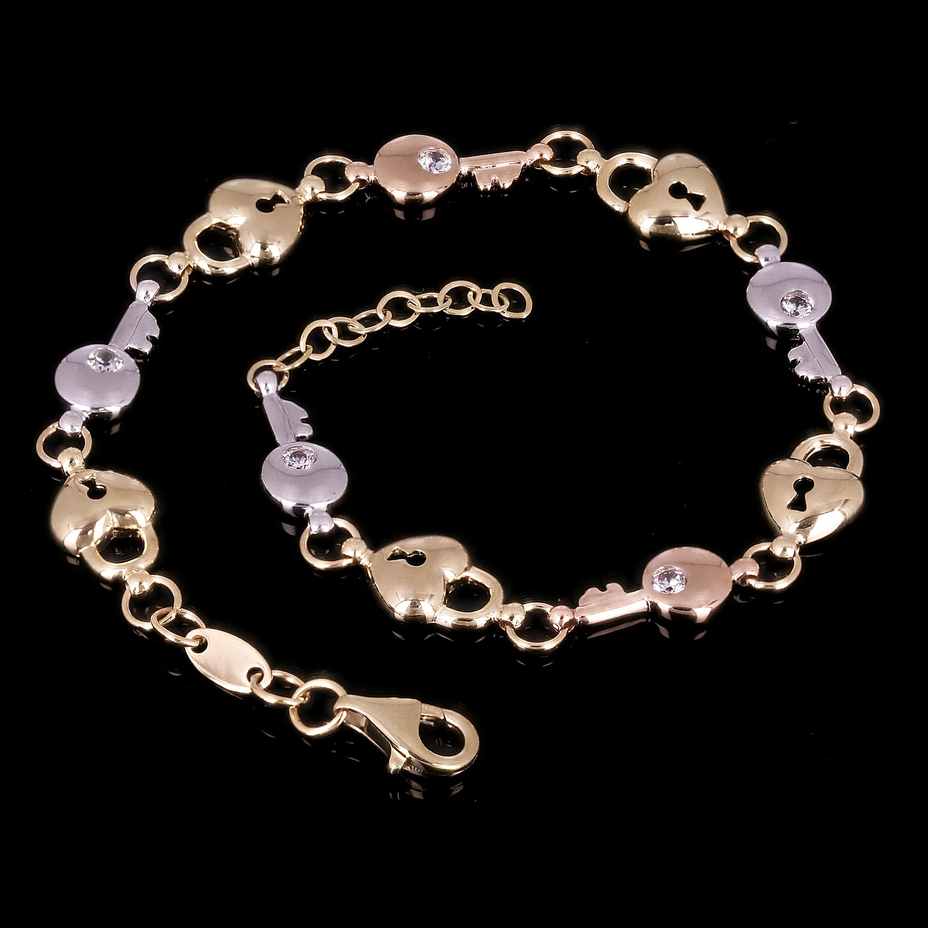 Italian 14k Tri Color Gold Heart Lock Key Charm Bracelet 7.5" 7.2mm 5.8 grams