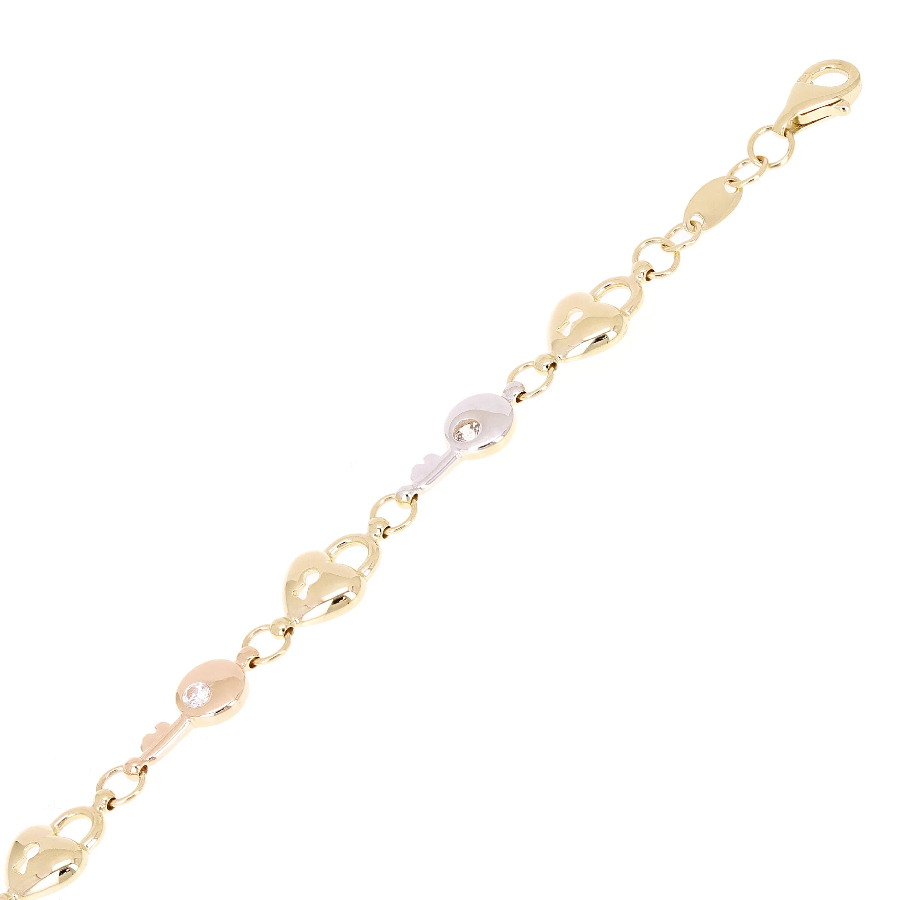 Italian 14k Tri Color Gold Heart Lock Key Charm Bracelet 7.5" 7.2mm 5.8 grams