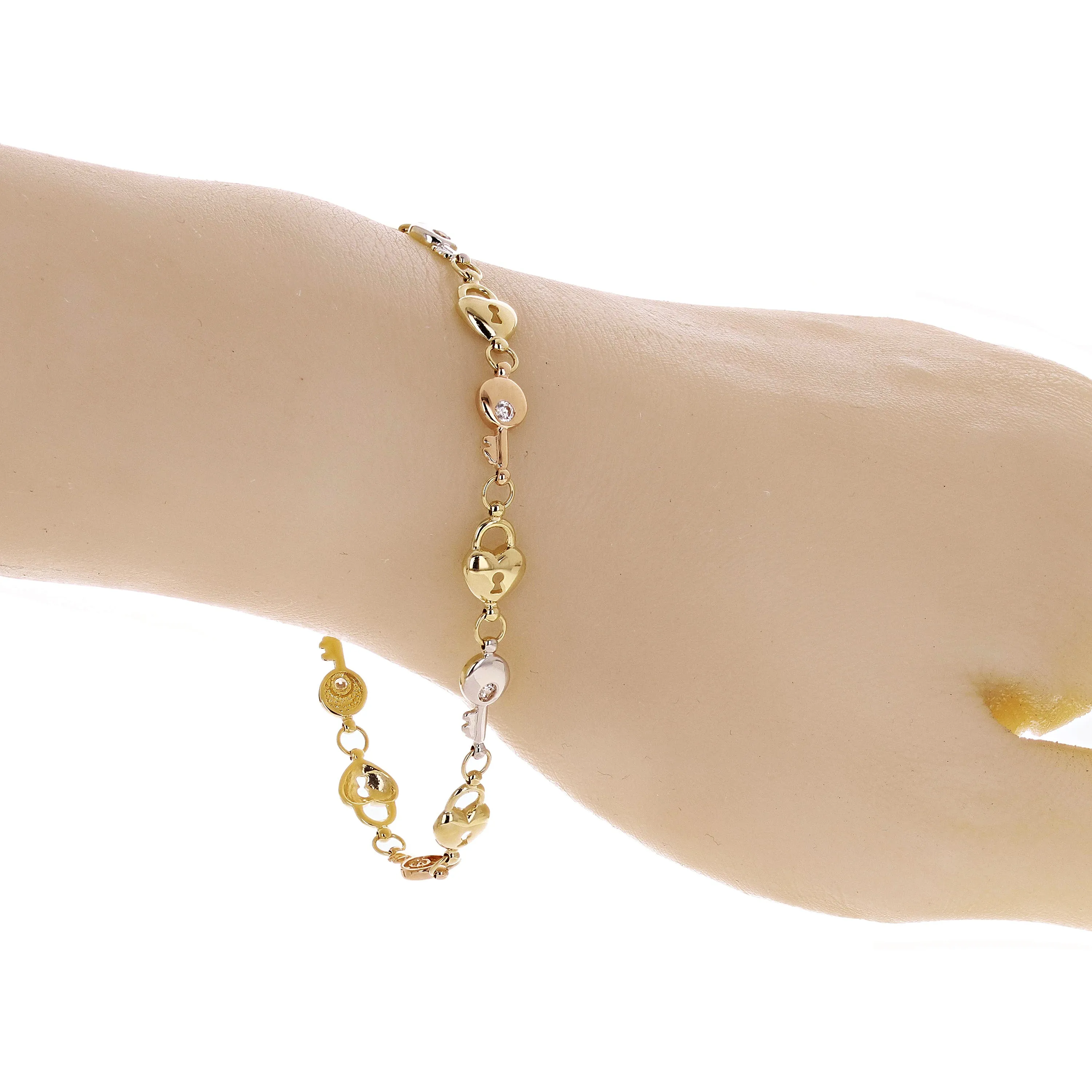 Italian 14k Tri Color Gold Heart Lock Key Charm Bracelet 7.5" 7.2mm 5.8 grams