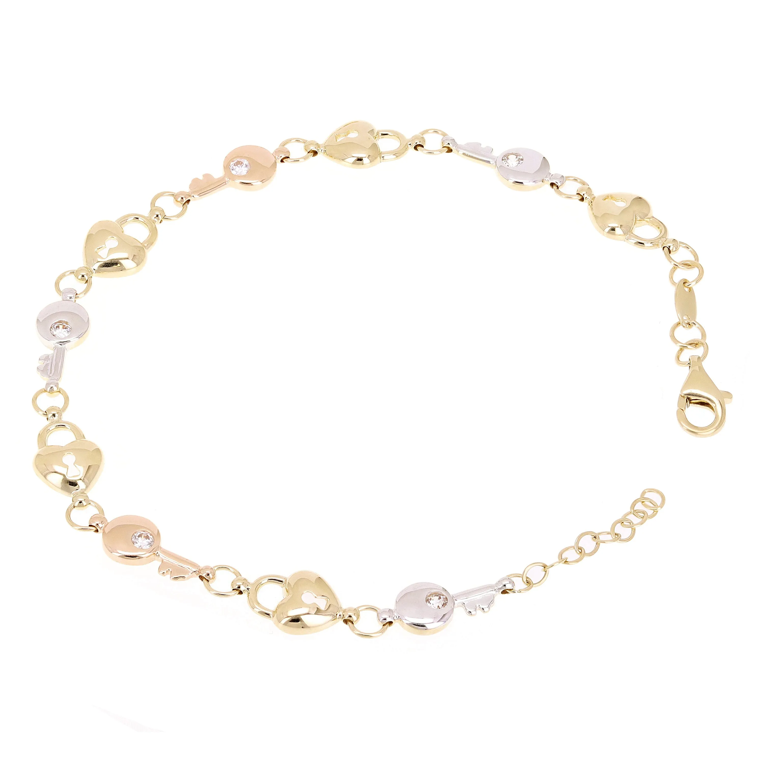 Italian 14k Tri Color Gold Heart Lock Key Charm Bracelet 7.5" 7.2mm 5.8 grams