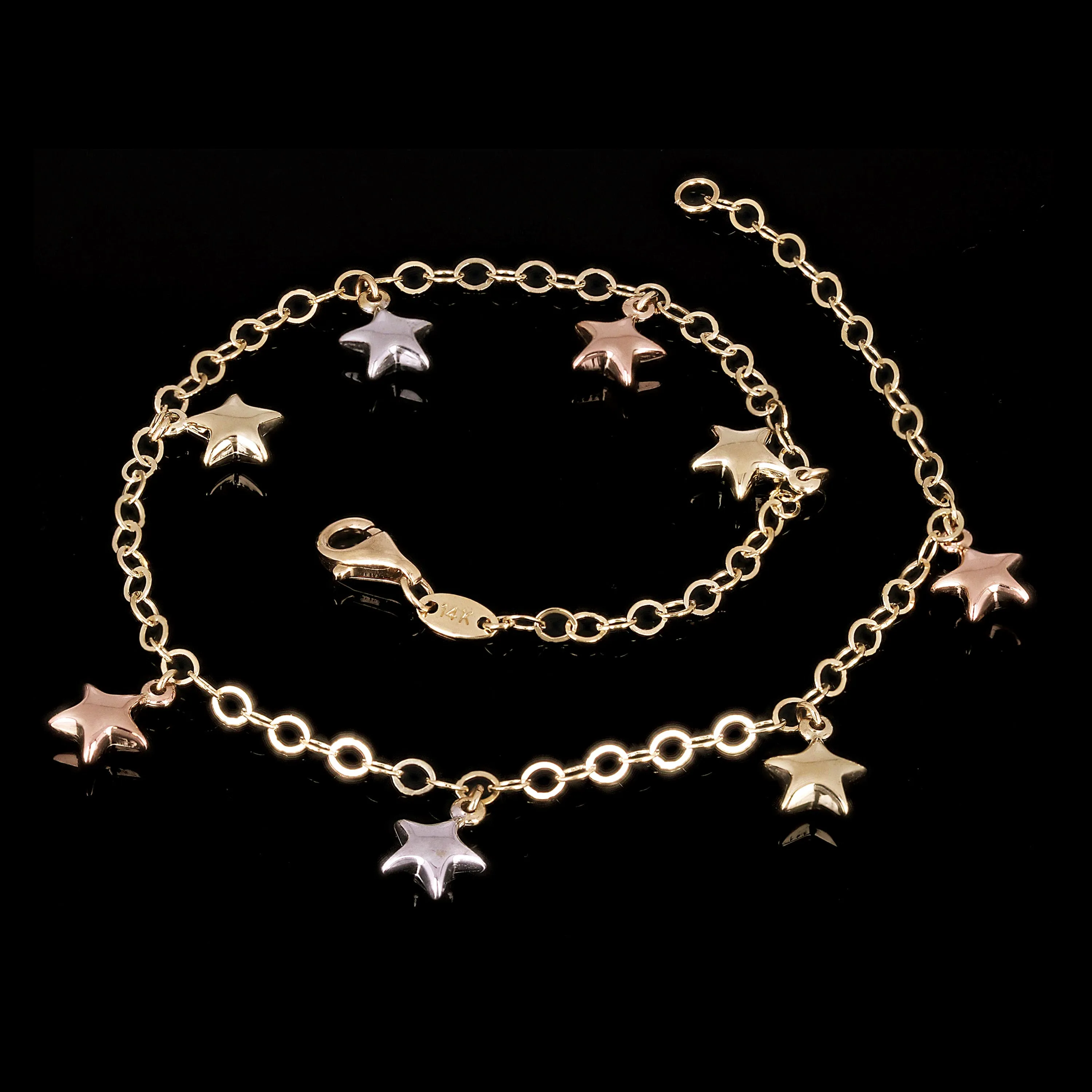 Italian 14k Tri-Color Gold Star Charm Rolo Chain Anklet/Bracelet 10" 3.9 grams