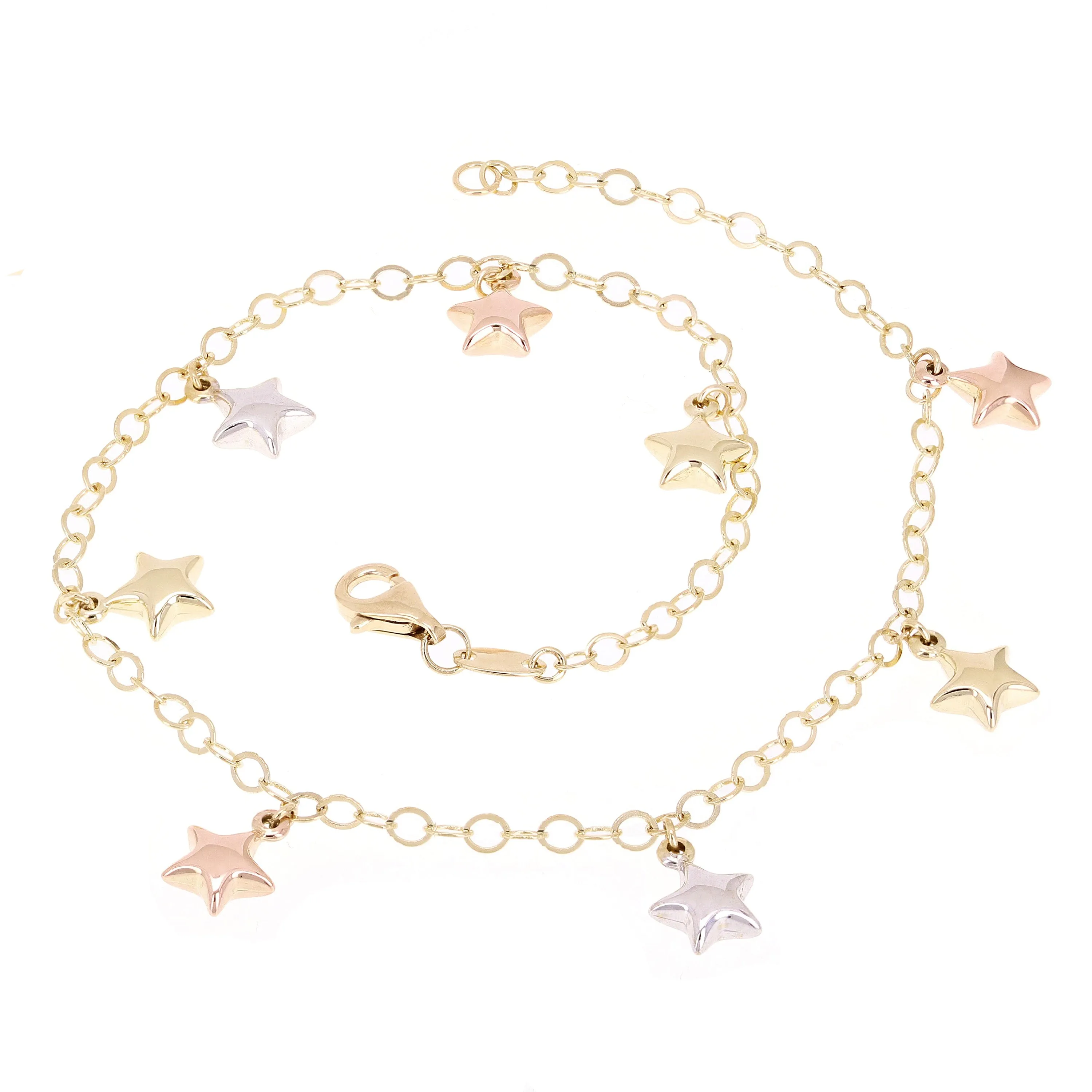 Italian 14k Tri-Color Gold Star Charm Rolo Chain Anklet/Bracelet 10" 3.9 grams