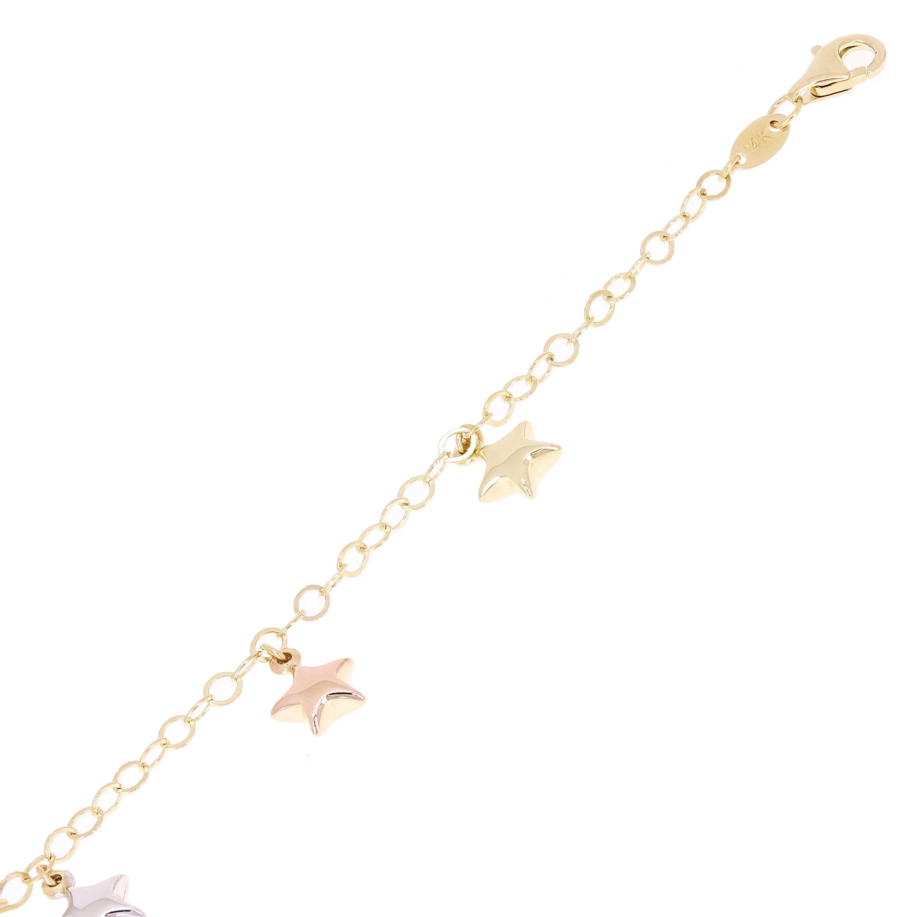 Italian 14k Tri-Color Gold Star Charm Rolo Chain Anklet/Bracelet 10" 3.9 grams