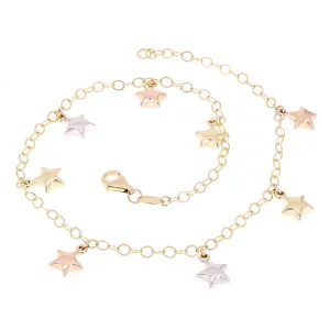 Italian 14k Tri-Color Gold Star Charm Rolo Chain Anklet/Bracelet 10" 3.9 grams