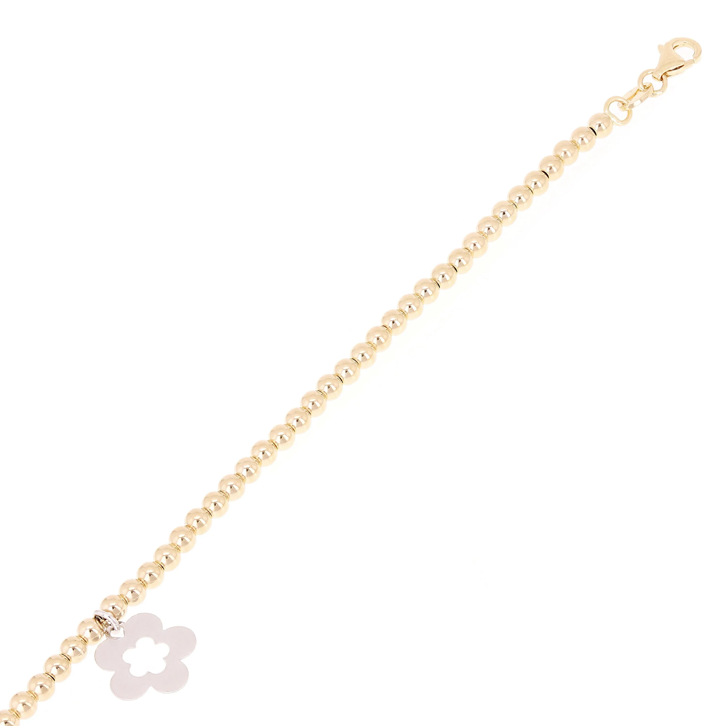 Italian 14k Two Tone Gold Ball Bead Bracelet with Flower Charm 8" 3mm 3.3 grams