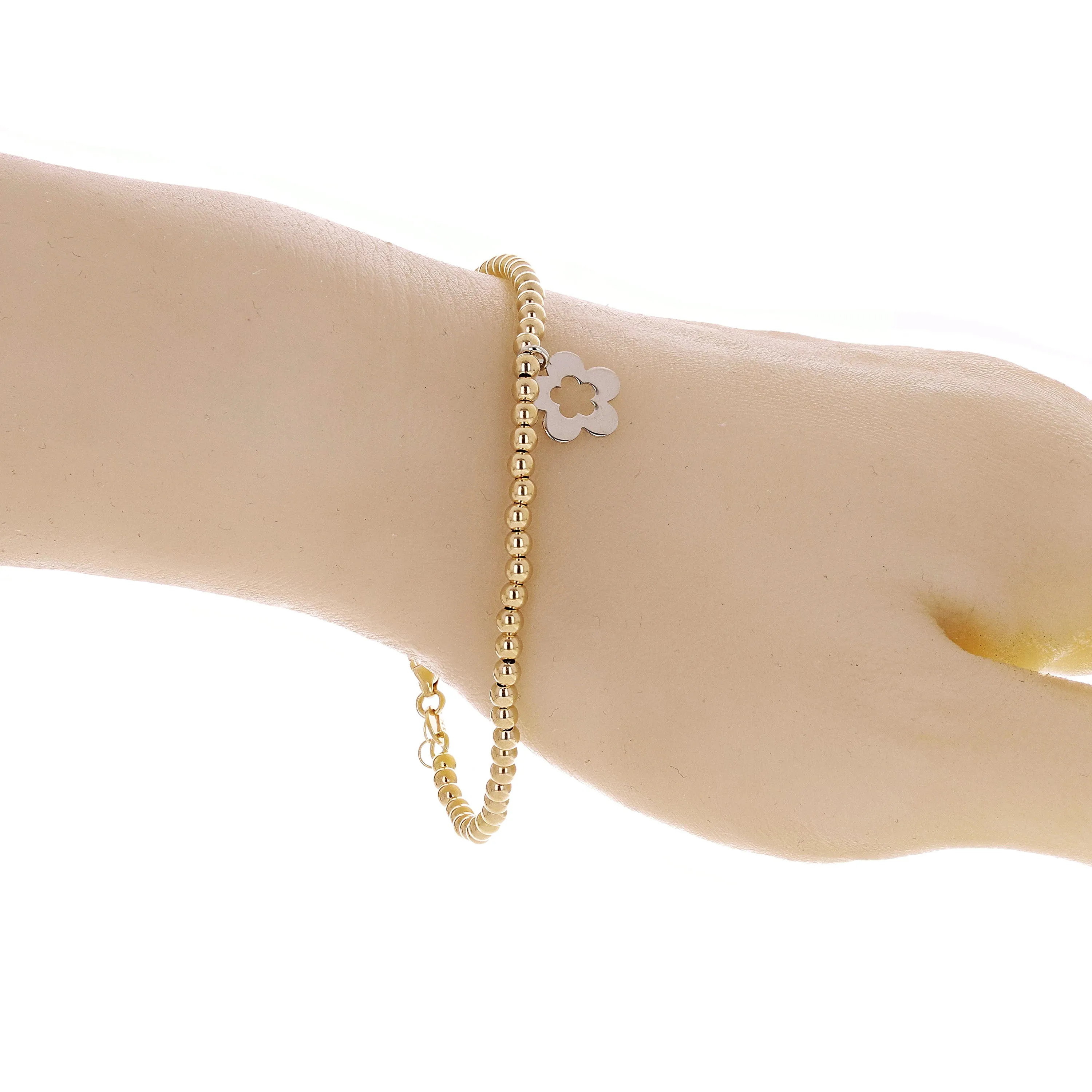 Italian 14k Two Tone Gold Ball Bead Bracelet with Flower Charm 8" 3mm 3.3 grams