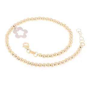 Italian 14k Two Tone Gold Ball Bead Bracelet with Flower Charm 8" 3mm 3.3 grams