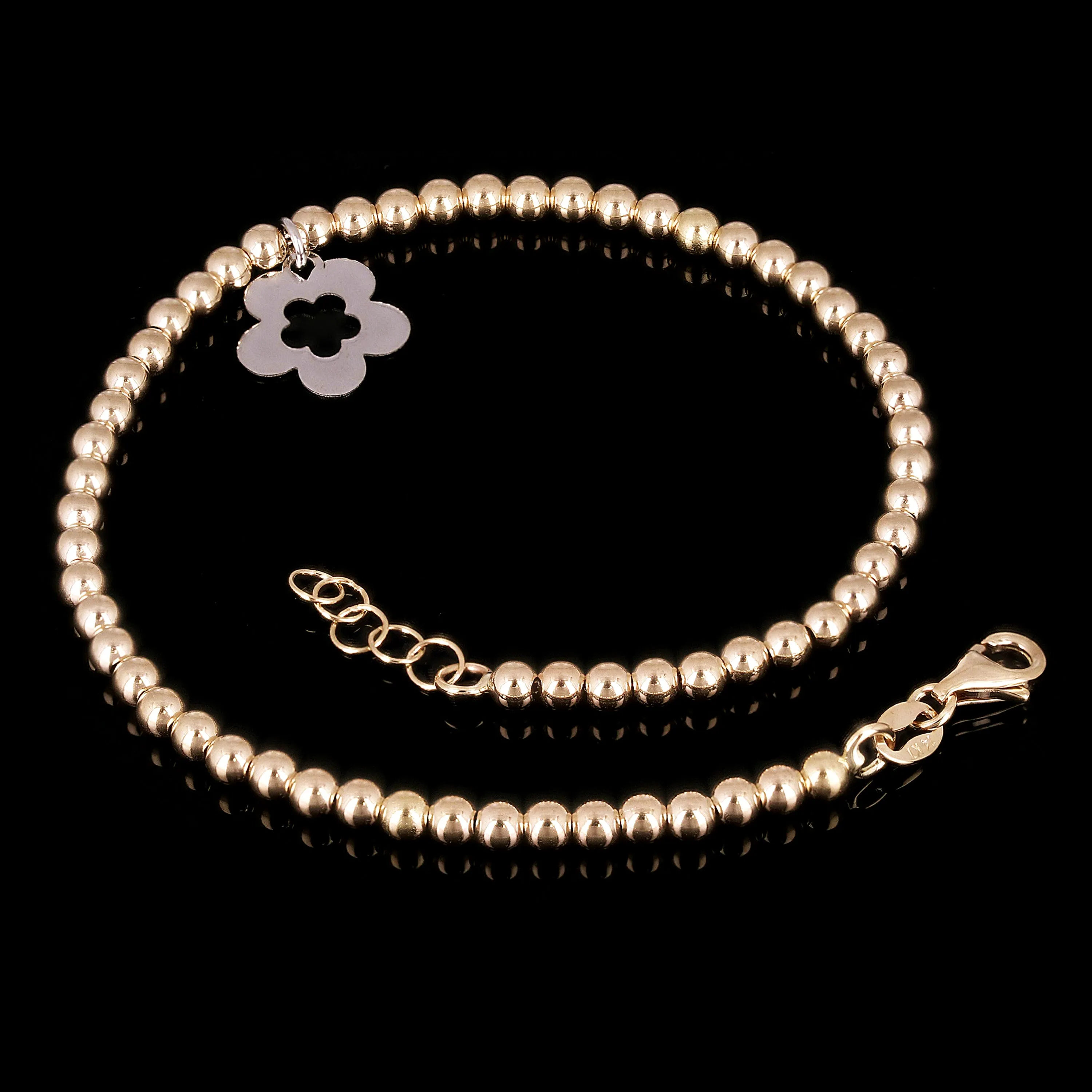 Italian 14k Two Tone Gold Ball Bead Bracelet with Flower Charm 8" 3mm 3.3 grams