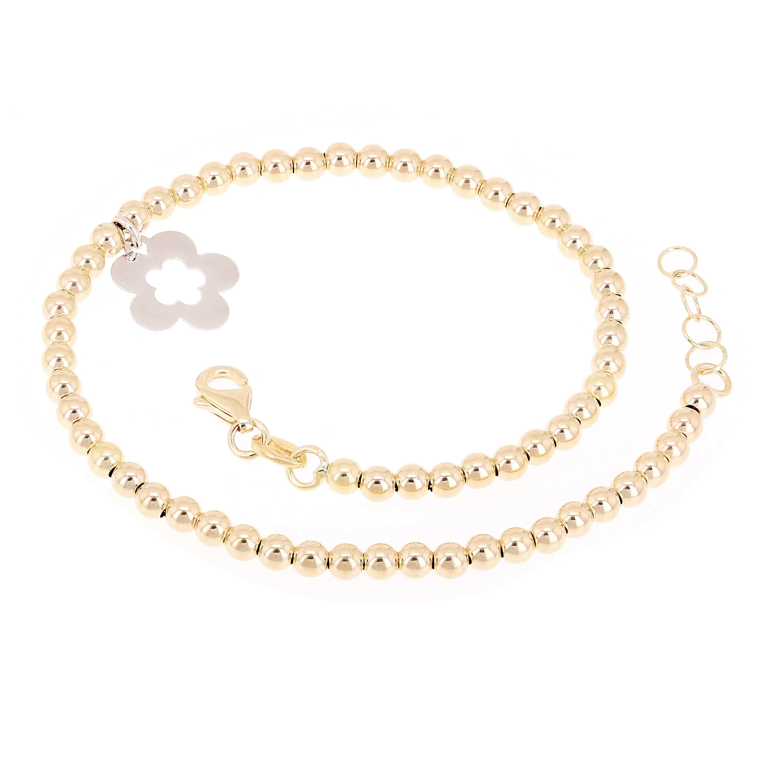 Italian 14k Two Tone Gold Ball Bead Bracelet with Flower Charm 8" 3mm 3.3 grams