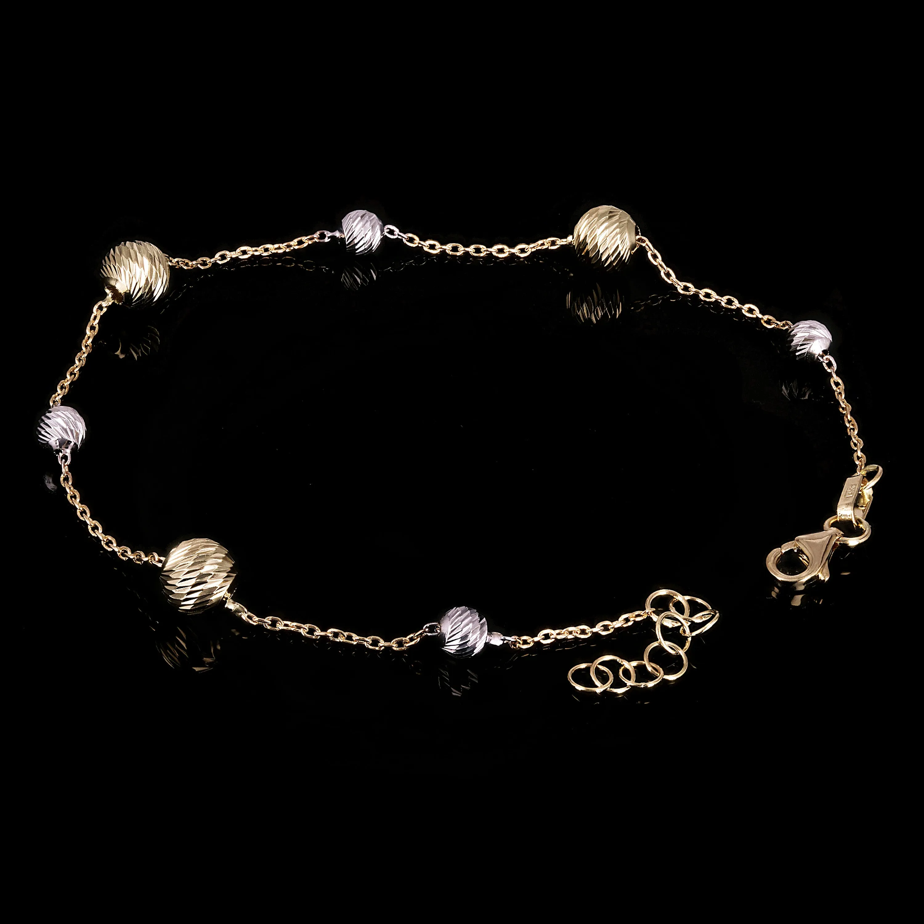 Italian 14k Two-Tone Gold Diamond Cut Ball Bead Station Bracelet 8.25" - 8.5" 3mm - 8mm