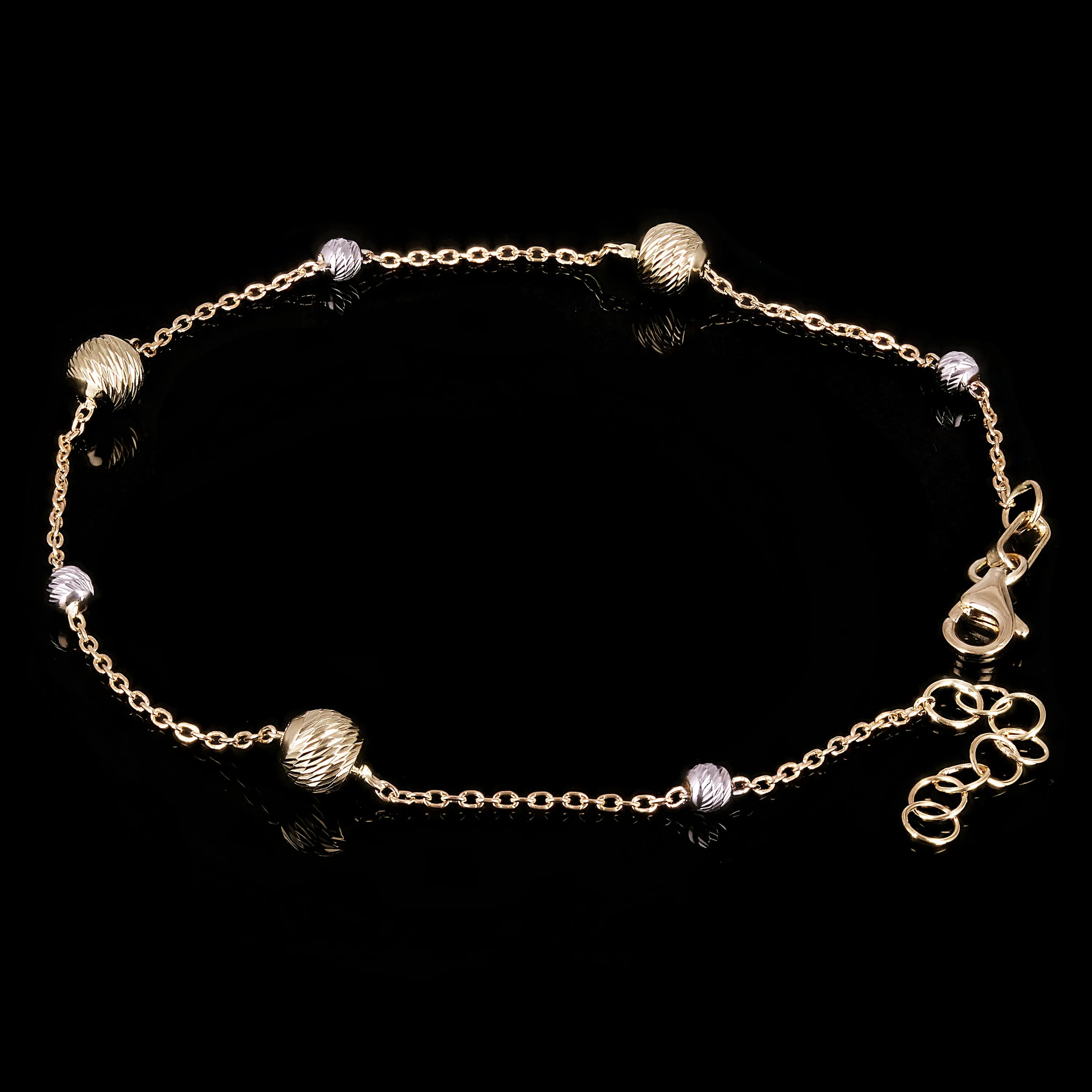 Italian 14k Two-Tone Gold Diamond Cut Ball Bead Station Bracelet 8.25" - 8.5" 3mm - 8mm