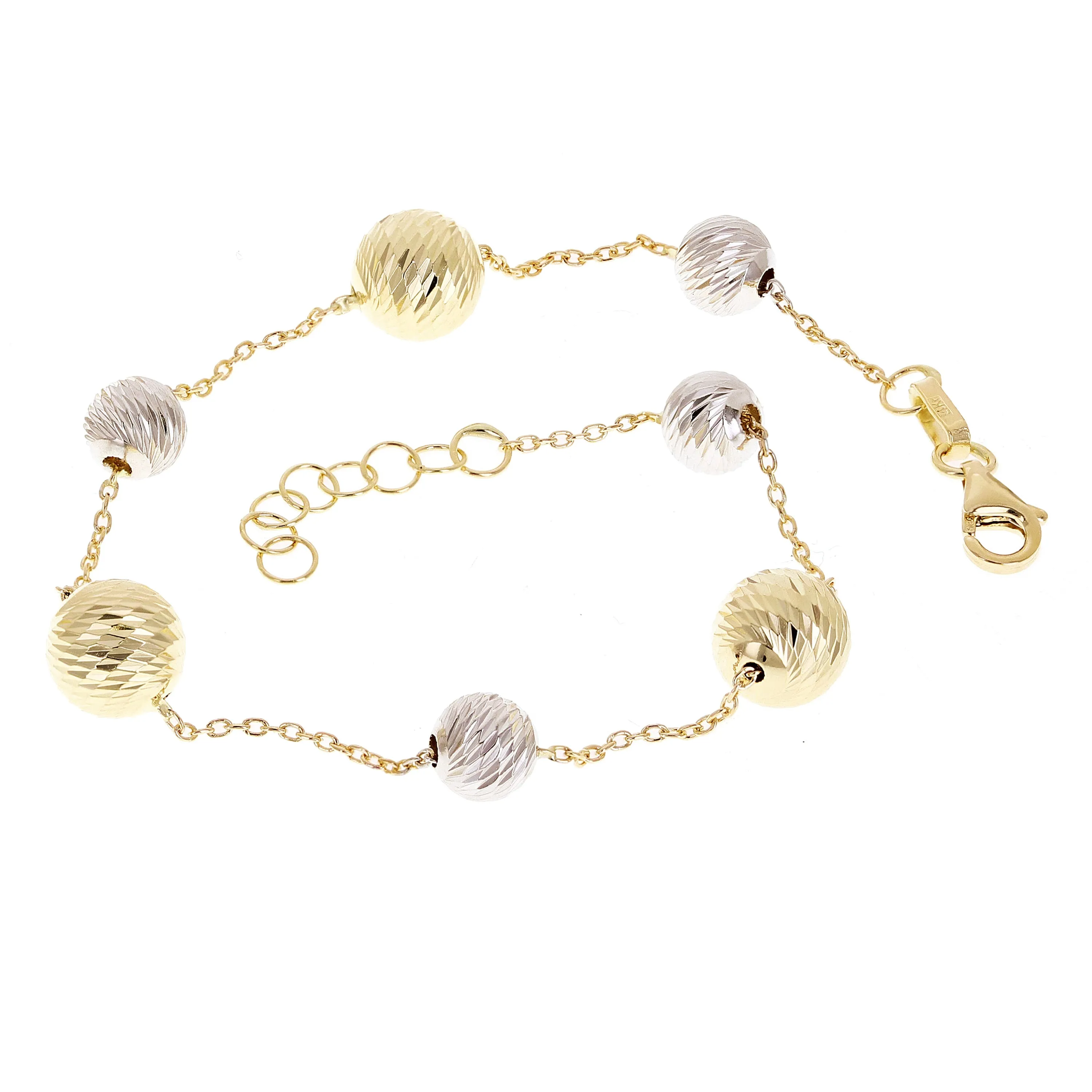 Italian 14k Two-Tone Gold Diamond Cut Ball Bead Station Bracelet 8.25" - 8.5" 3mm - 8mm