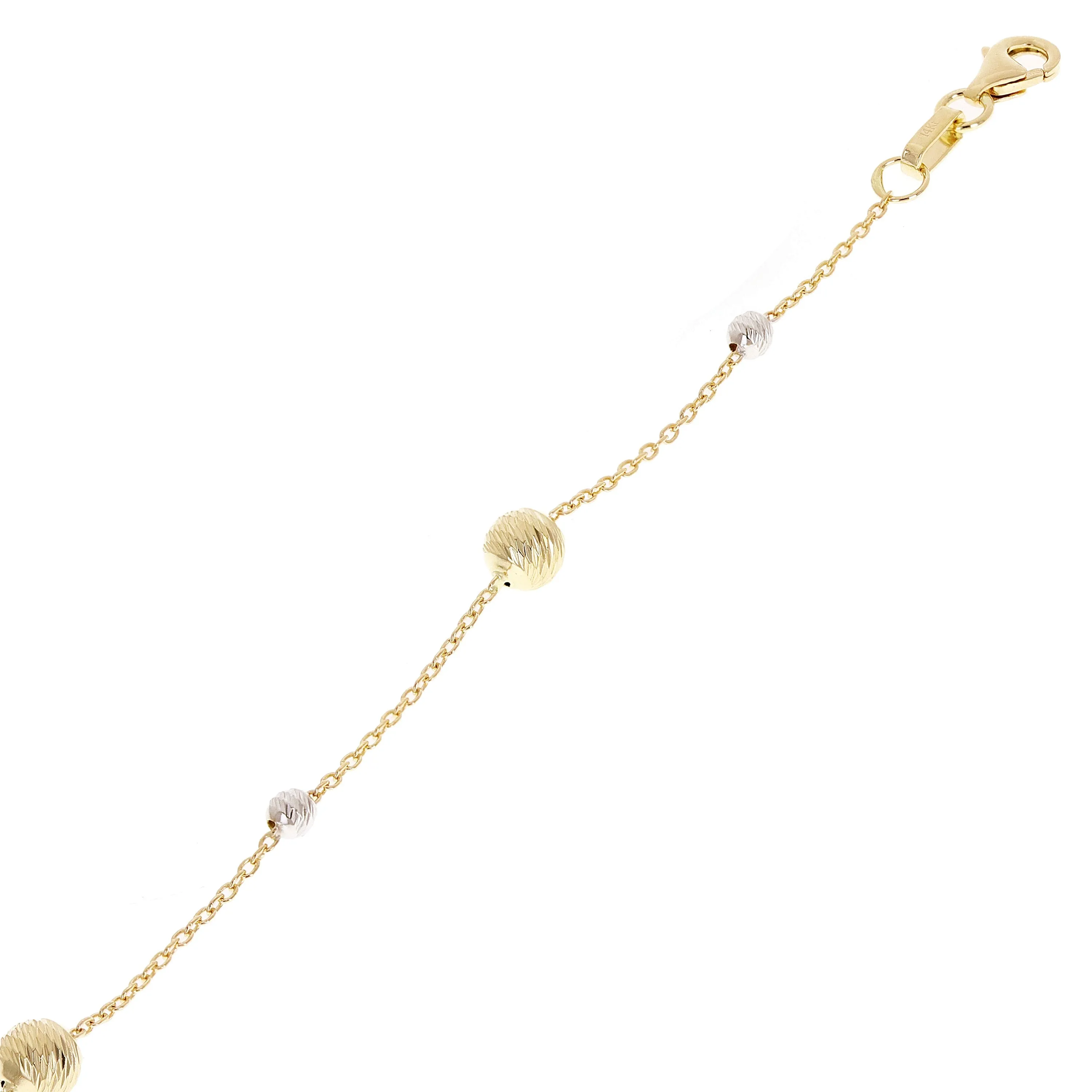 Italian 14k Two-Tone Gold Diamond Cut Ball Bead Station Bracelet 8.25" - 8.5" 3mm - 8mm