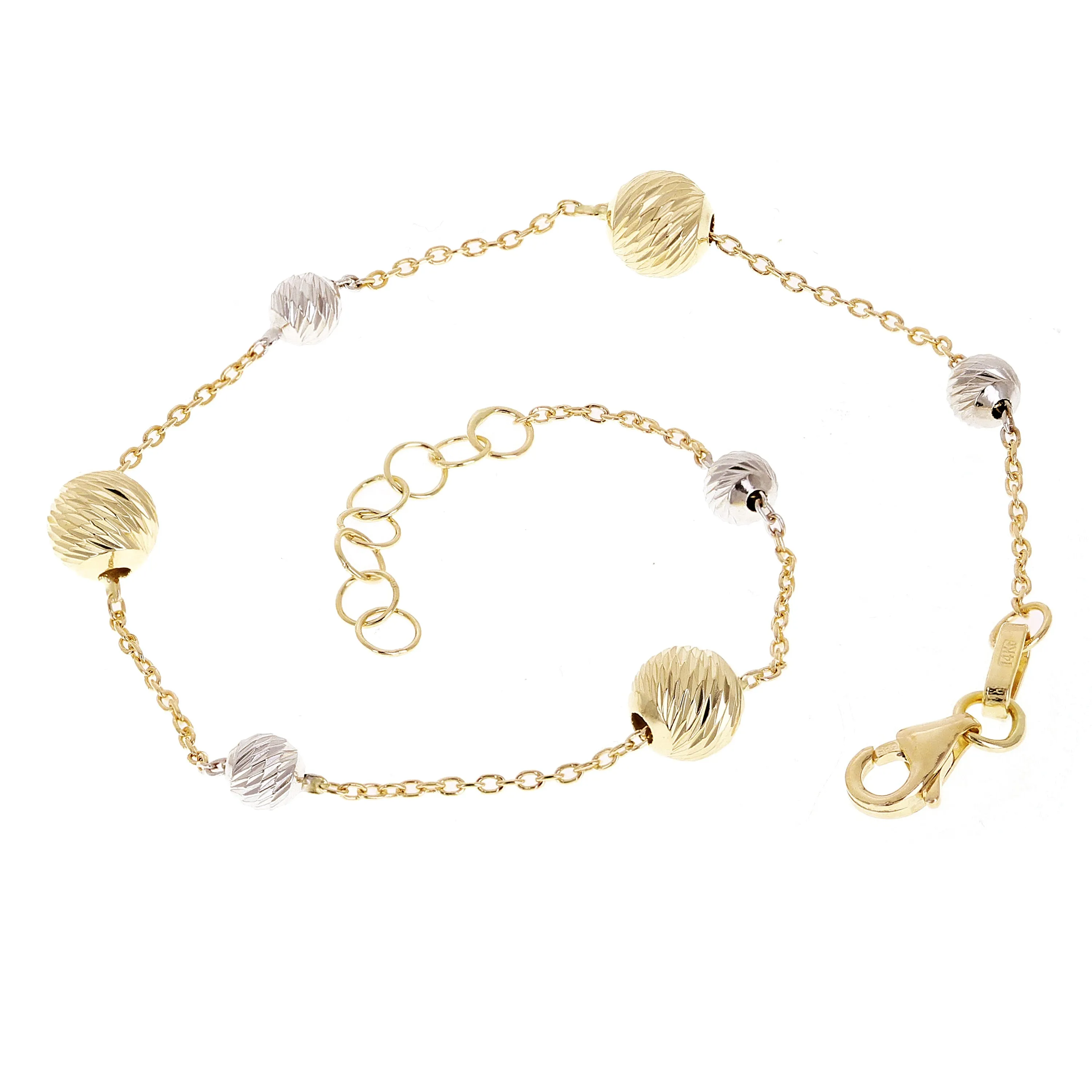 Italian 14k Two-Tone Gold Diamond Cut Ball Bead Station Bracelet 8.25" - 8.5" 3mm - 8mm