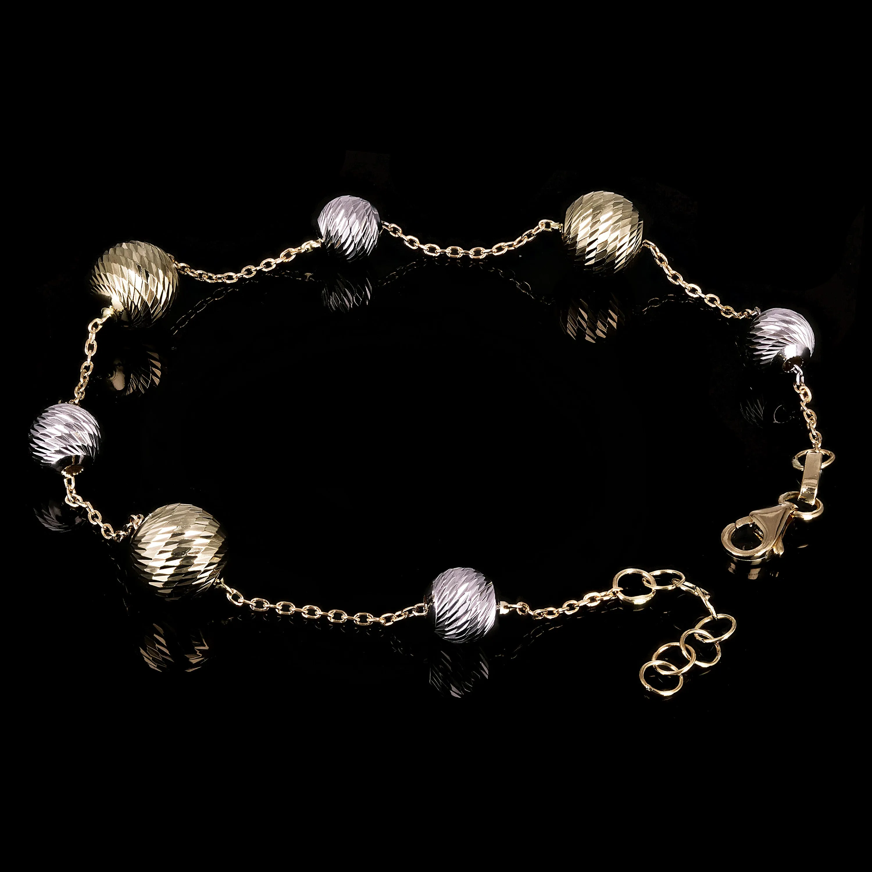 Italian 14k Two-Tone Gold Diamond Cut Ball Bead Station Bracelet 8.25" - 8.5" 3mm - 8mm