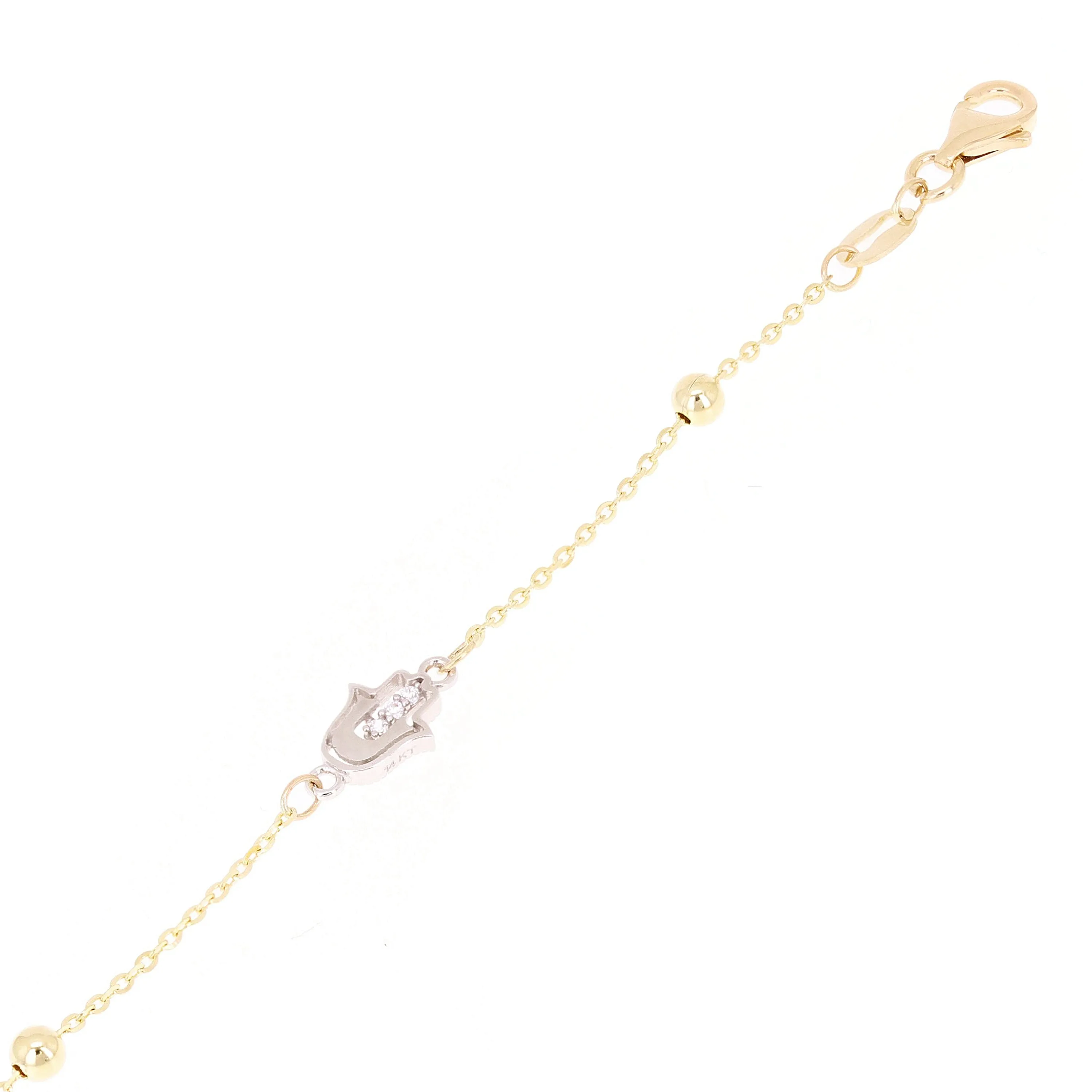 Italian 14k Yellow & White Gold Hand of Fatima Station Anklet Bracelet 10" 2.6g
