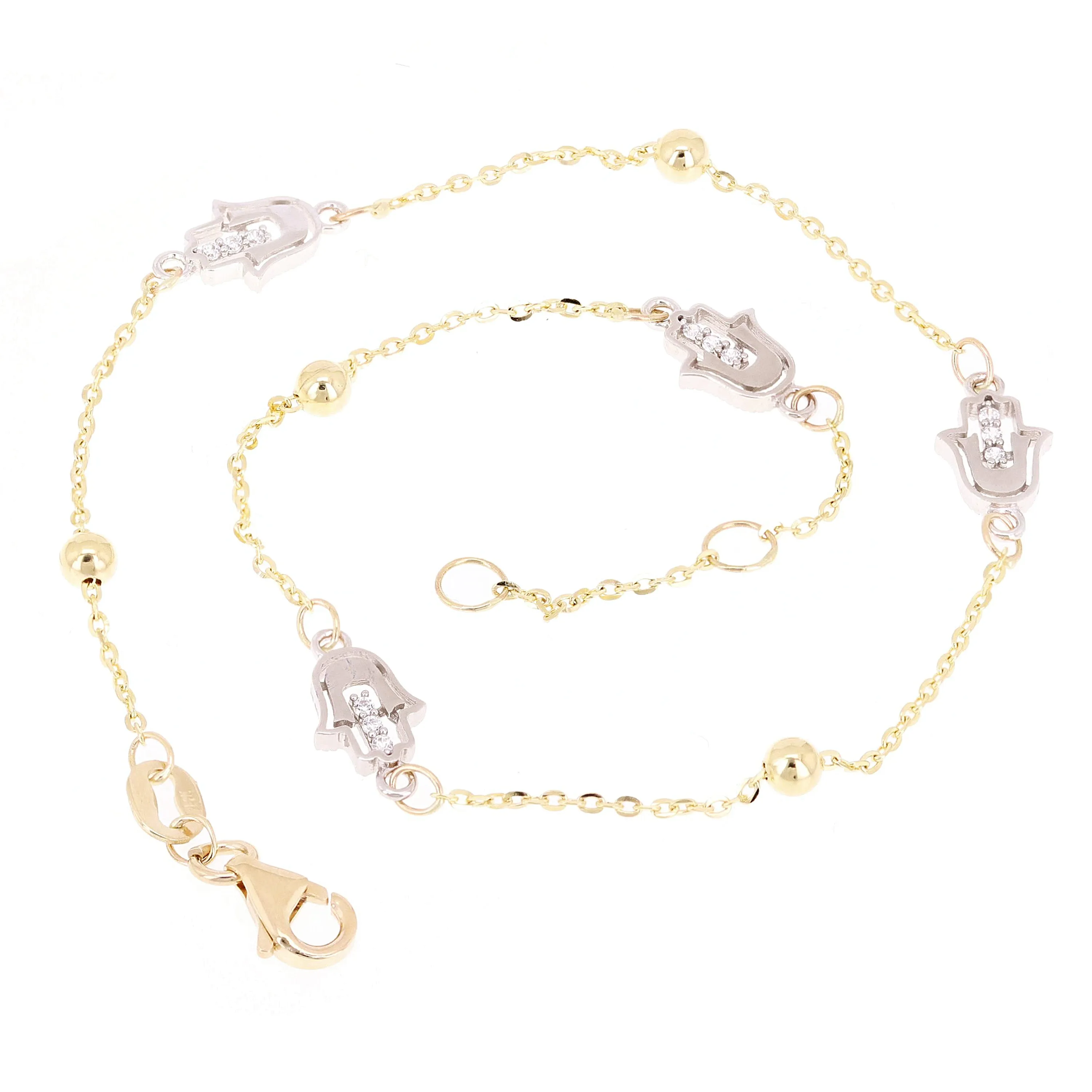Italian 14k Yellow & White Gold Hand of Fatima Station Anklet Bracelet 10" 2.6g