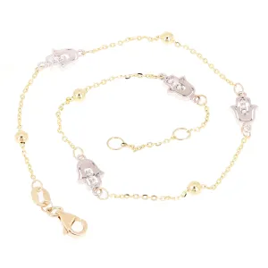 Italian 14k Yellow & White Gold Hand of Fatima Station Anklet Bracelet 10" 2.6g