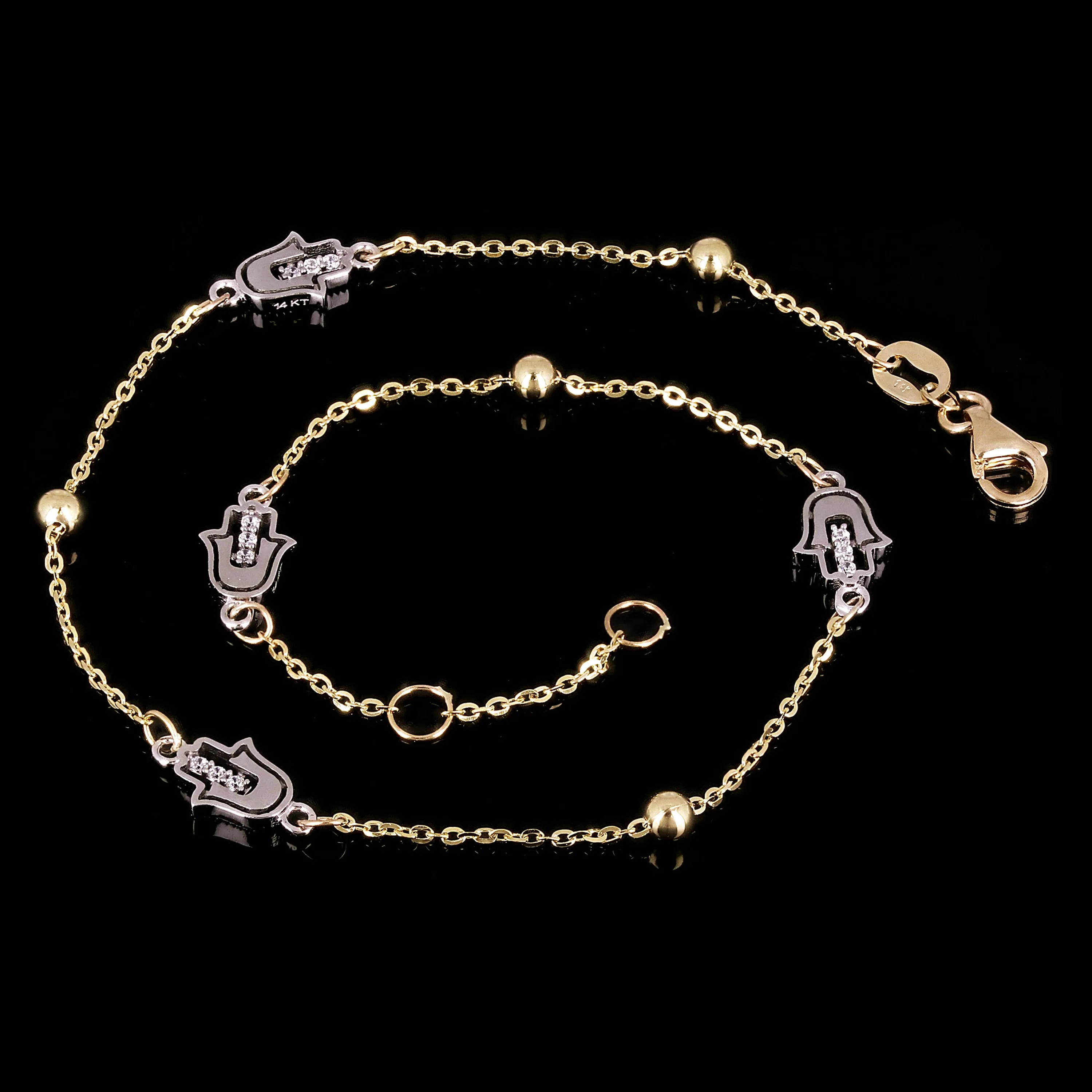 Italian 14k Yellow & White Gold Hand of Fatima Station Anklet Bracelet 10" 2.6g