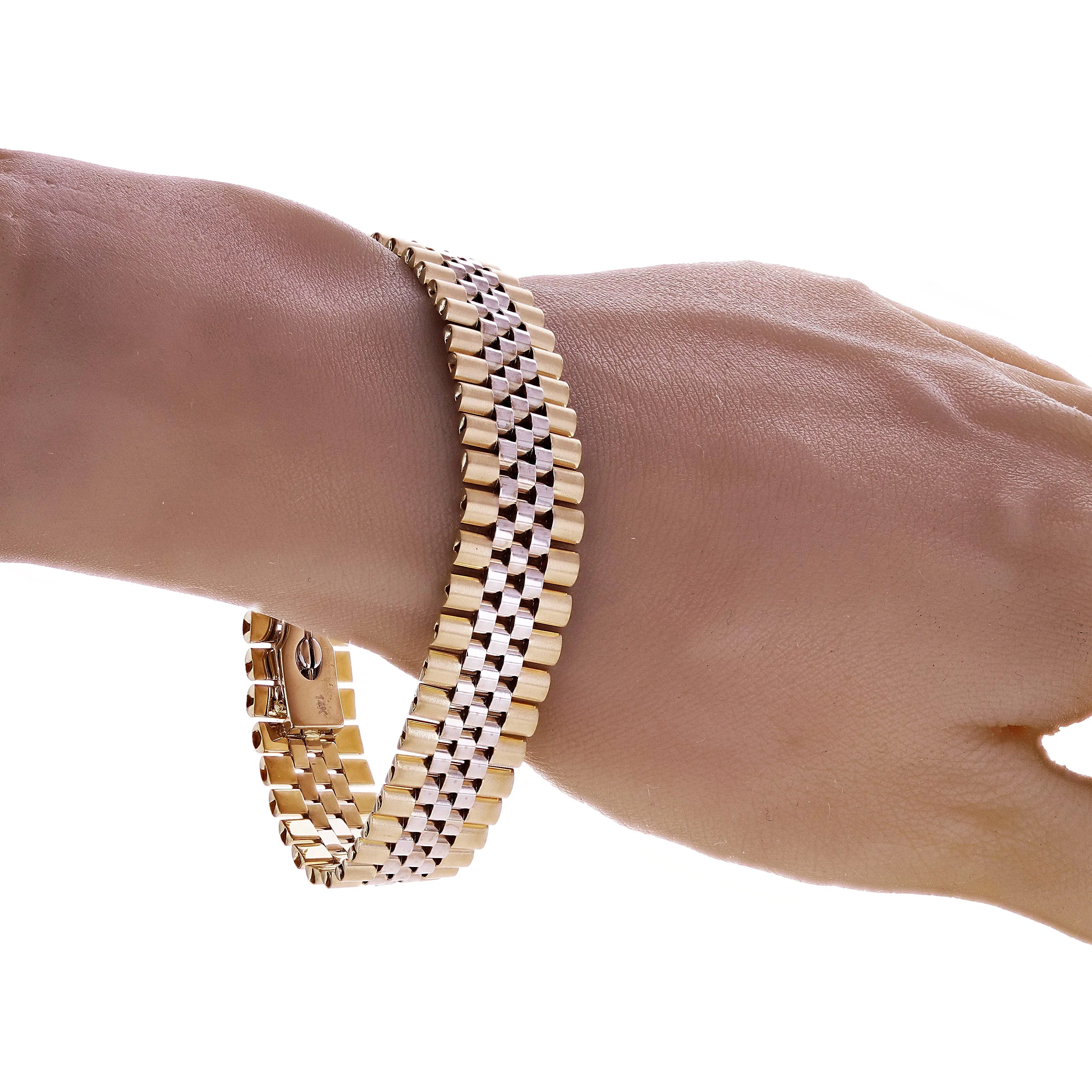 Italian 14k Yellow & White or White & Rose Gold Watch Link Bracelet 8" 15mm