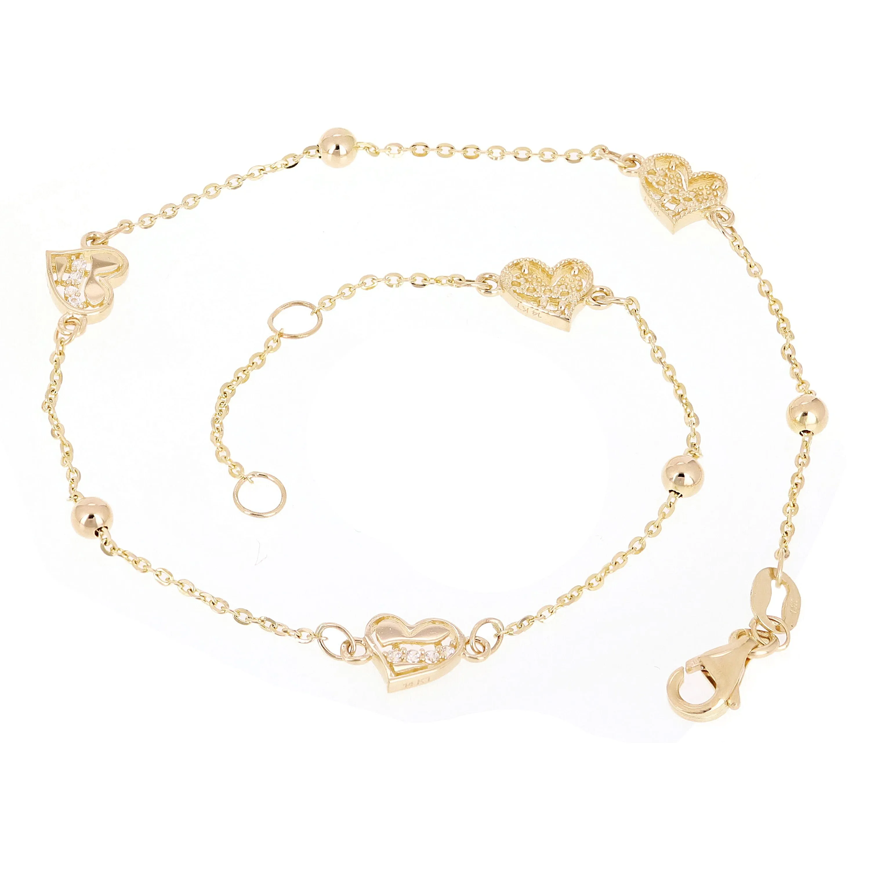Italian 14k Yellow Gold Heart Station Anklet Bracelet 10" 2.6 grams