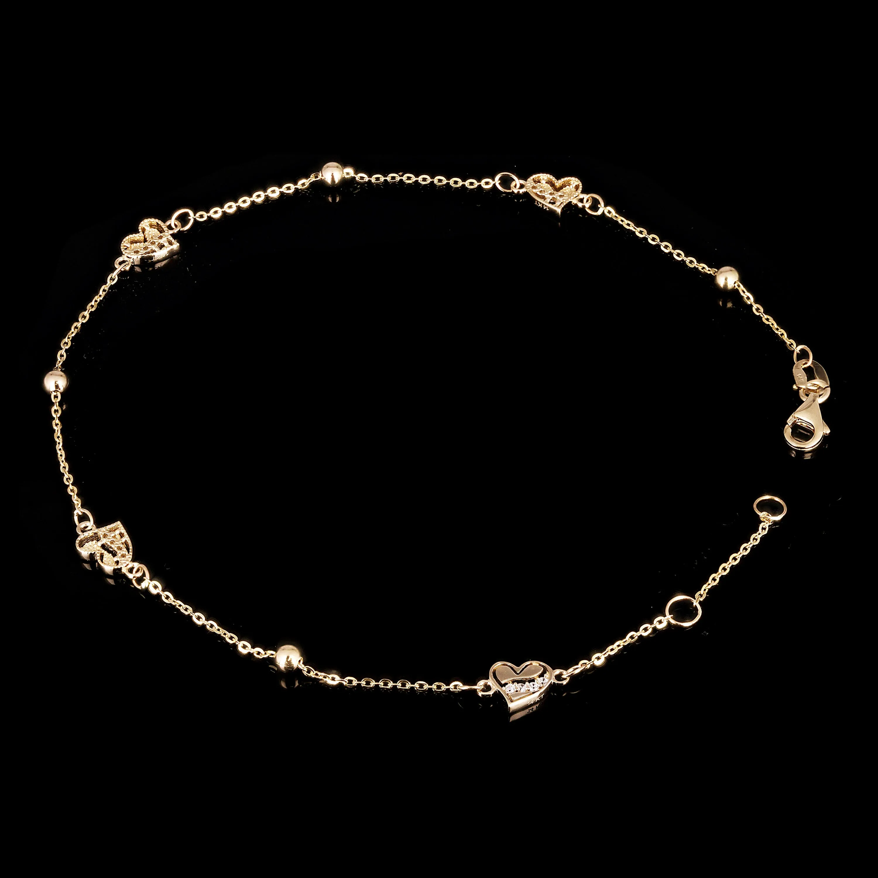 Italian 14k Yellow Gold Heart Station Anklet Bracelet 10" 2.6 grams