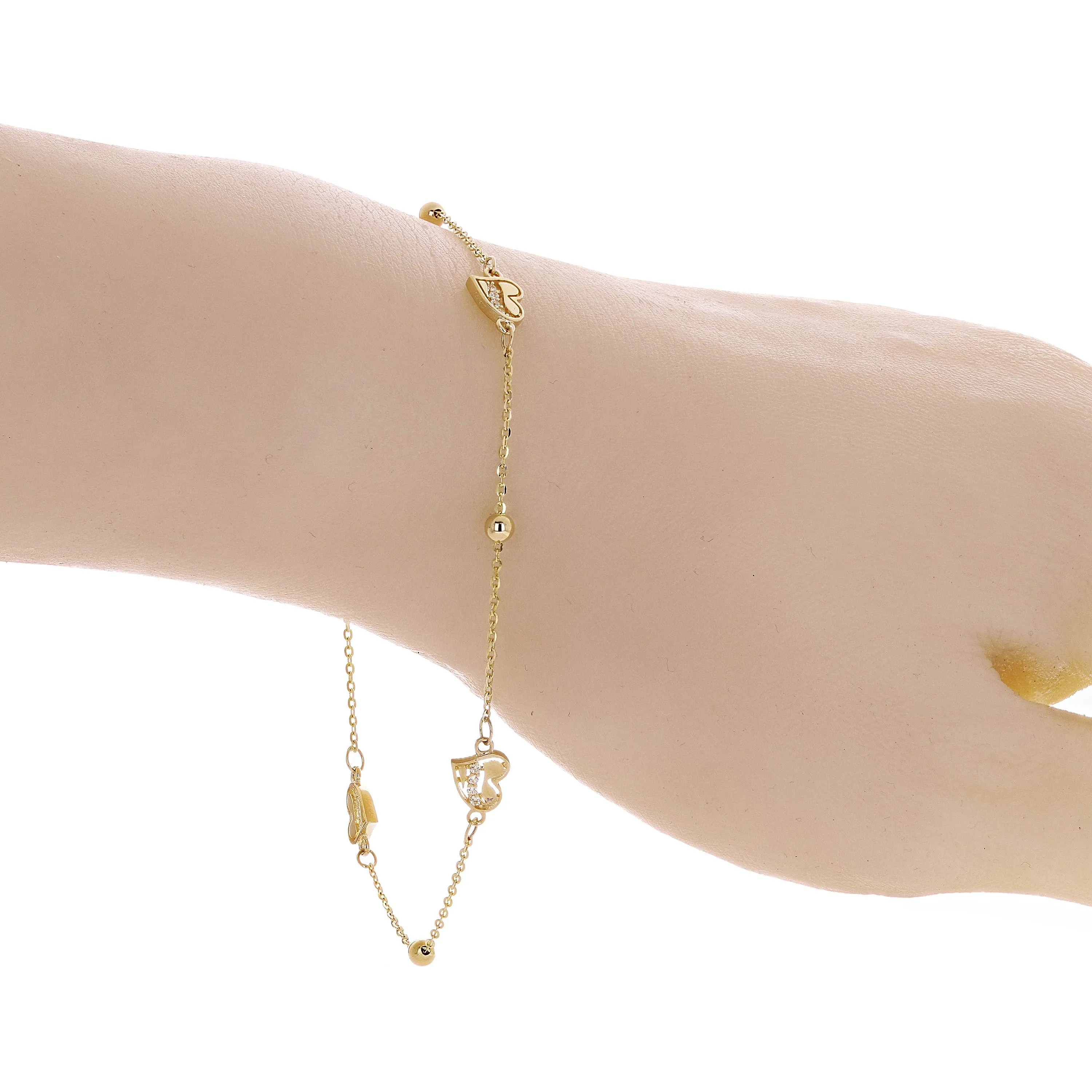 Italian 14k Yellow Gold Heart Station Anklet Bracelet 10" 2.6 grams