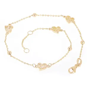 Italian 14k Yellow Gold Heart Station Anklet Bracelet 10" 2.6 grams