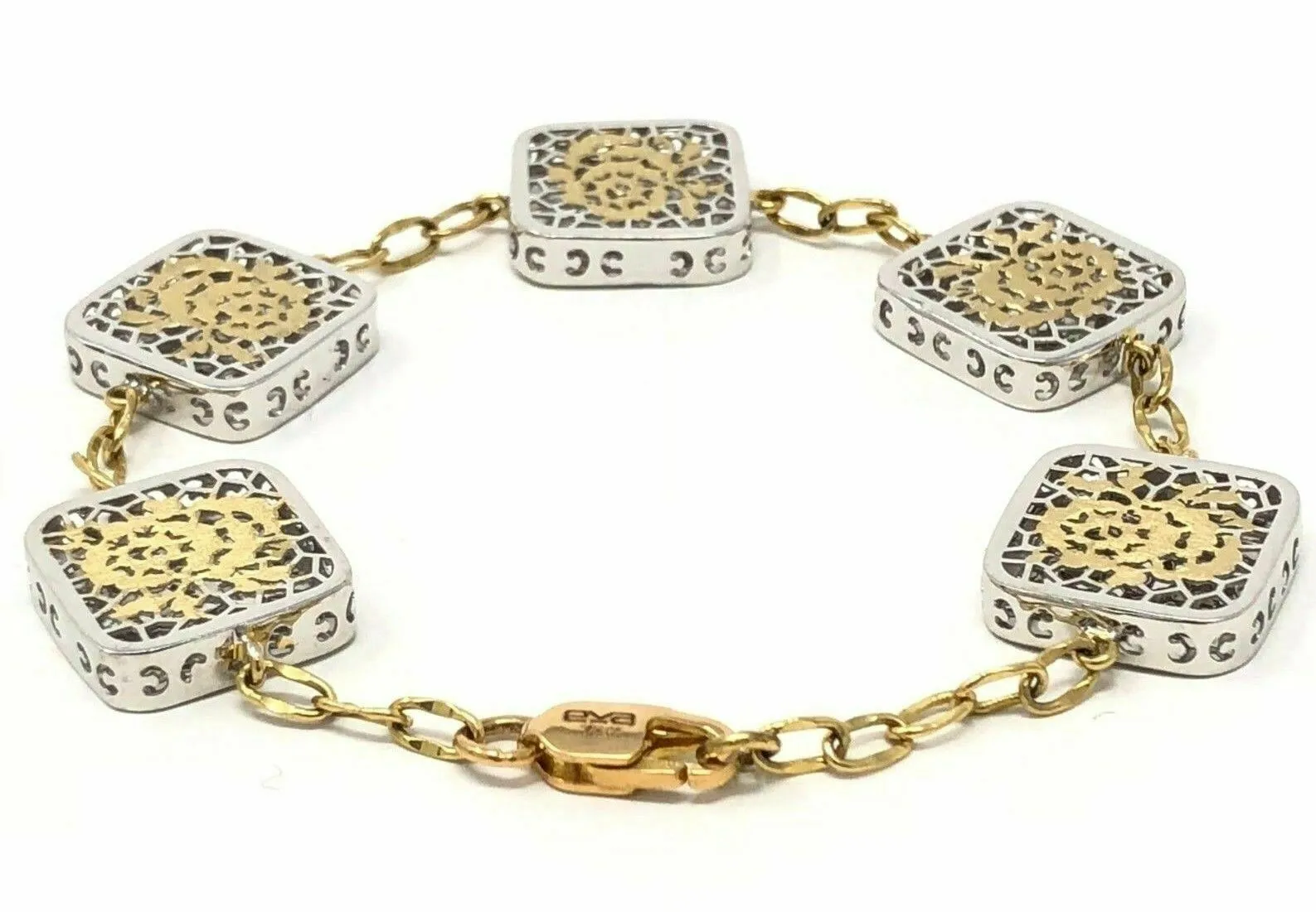 Italian 18k Two Tone Gold Filigree Flower Square Bracelet 7" 14.2mm 9.2 grams