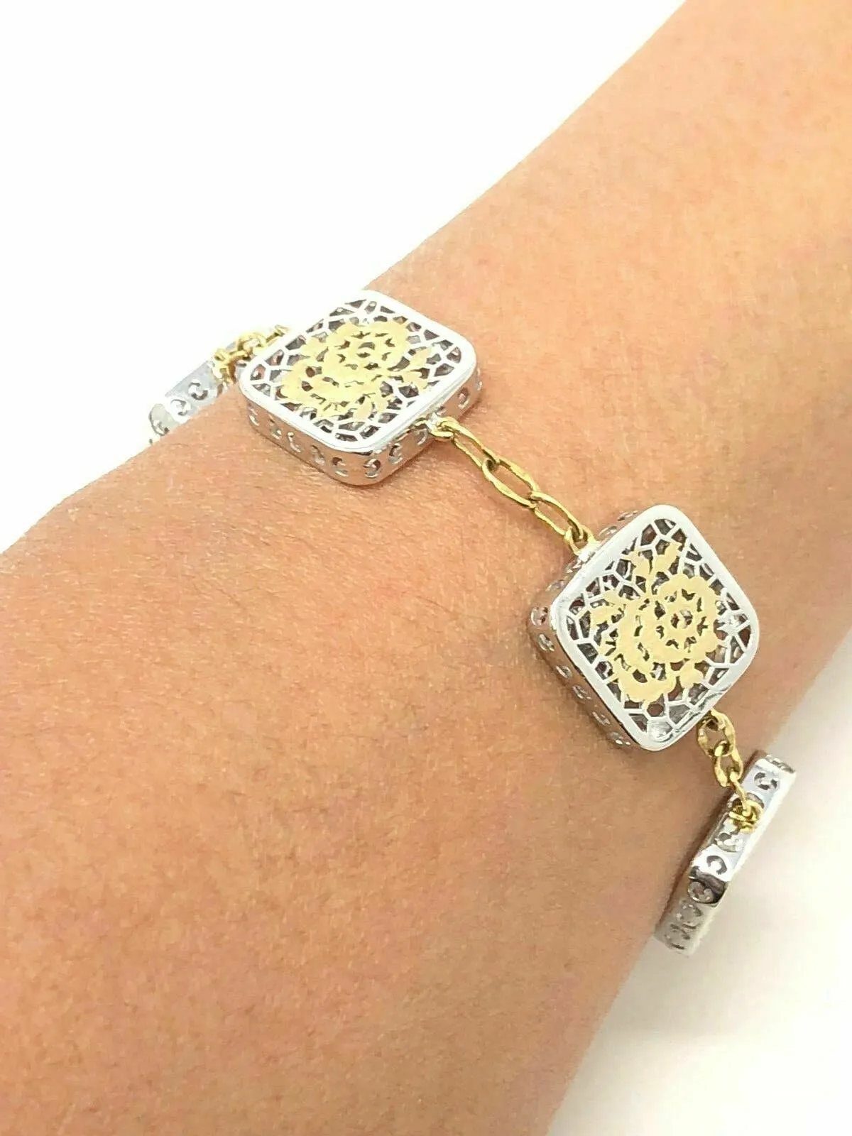 Italian 18k Two Tone Gold Filigree Flower Square Bracelet 7" 14.2mm 9.2 grams