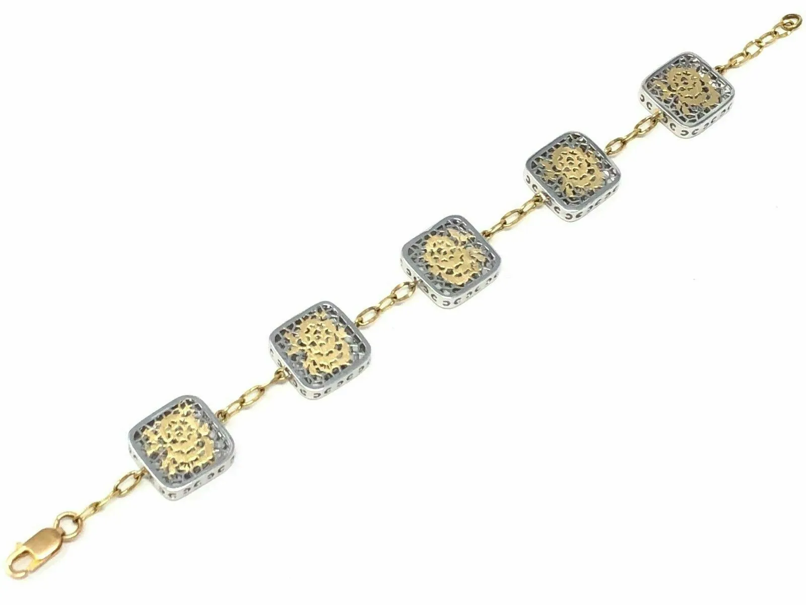 Italian 18k Two Tone Gold Filigree Flower Square Bracelet 7" 14.2mm 9.2 grams