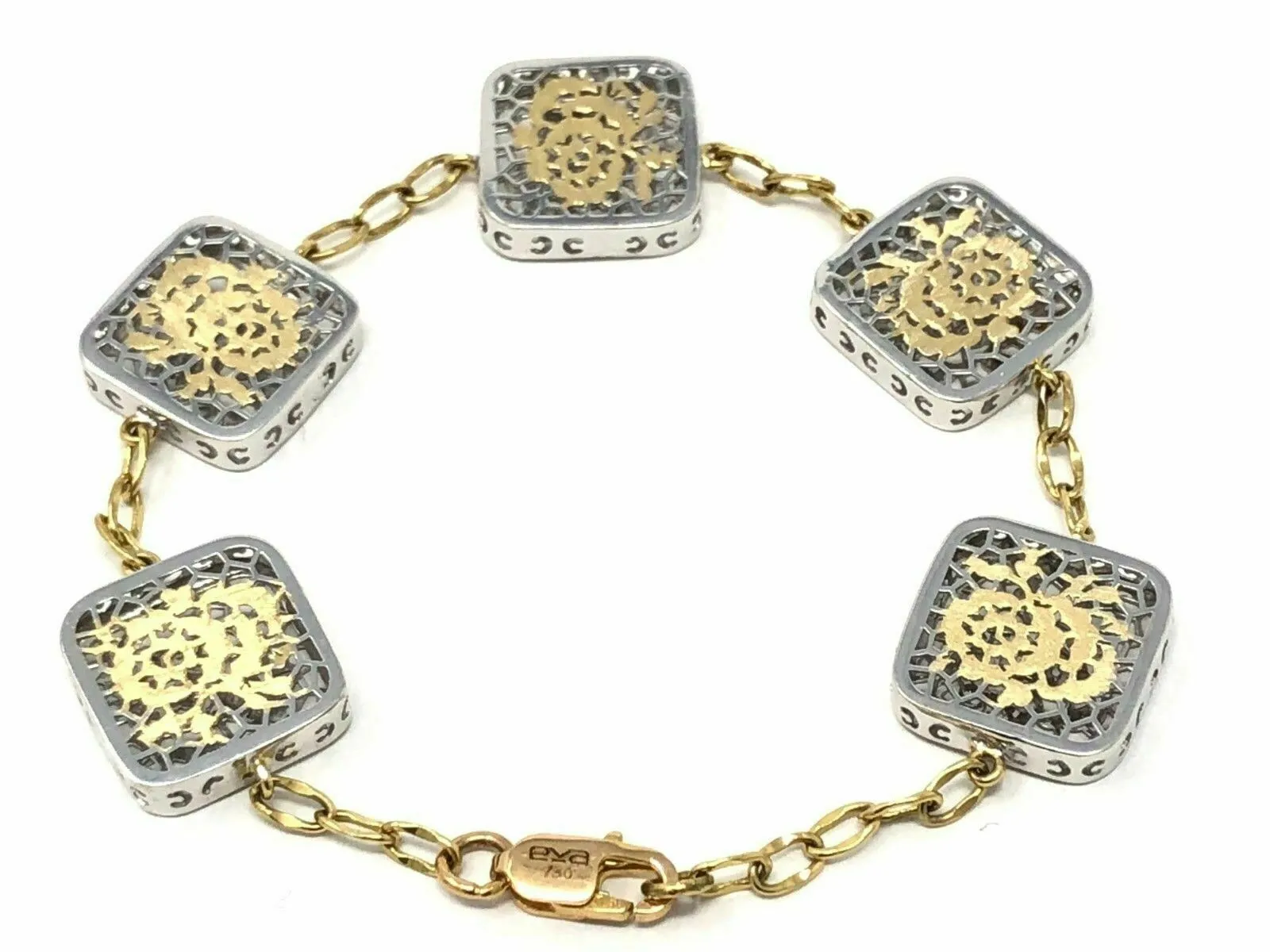 Italian 18k Two Tone Gold Filigree Flower Square Bracelet 7" 14.2mm 9.2 grams