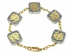 Italian 18k Two Tone Gold Filigree Flower Square Bracelet 7" 14.2mm 9.2 grams
