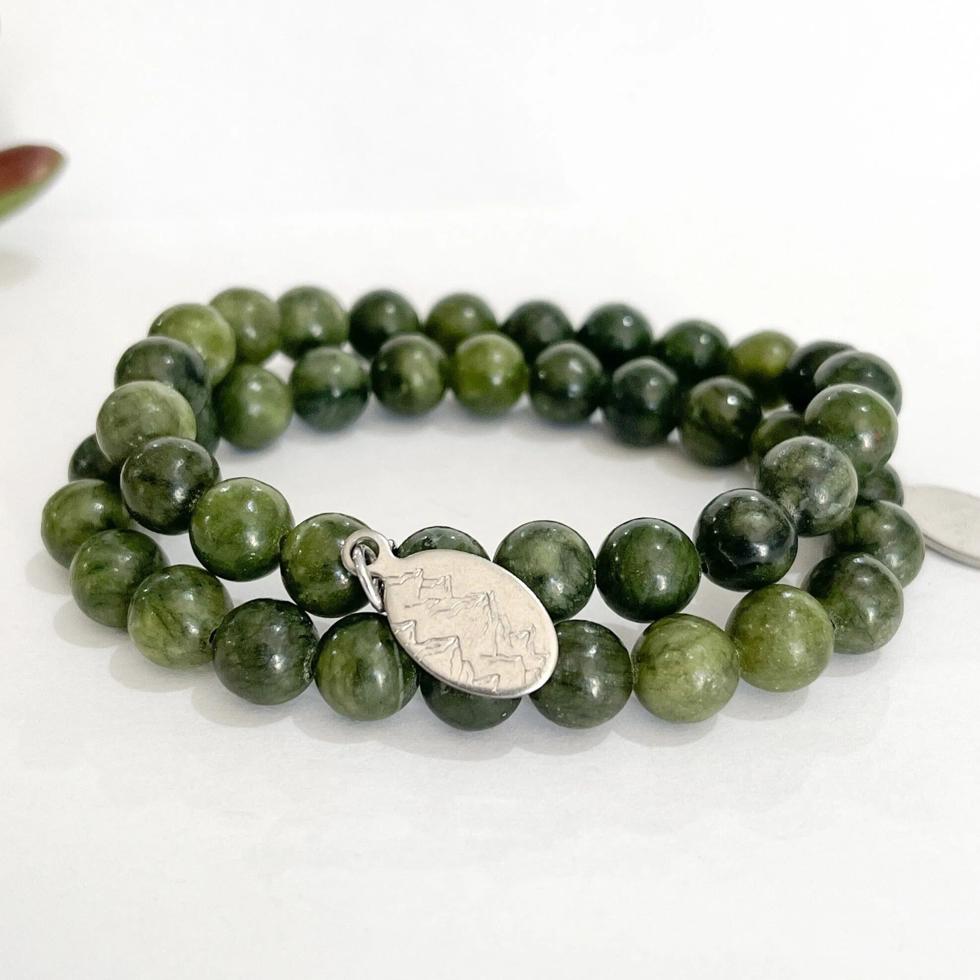 Jade Green Bead Bracelet | Mountain Charm |8mm | Natural Gemstone | Womens
