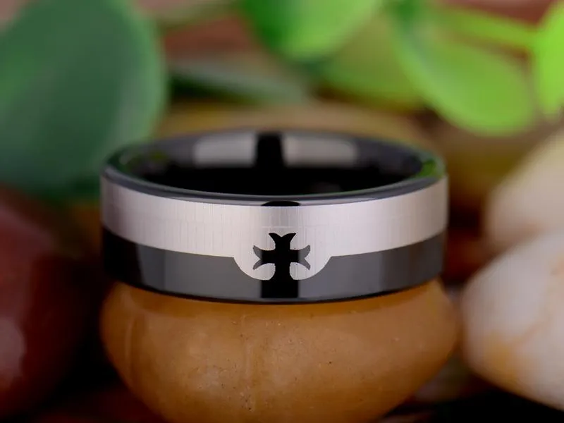 Knights Templar Ring - Black Silver Tungsten Personalizable
