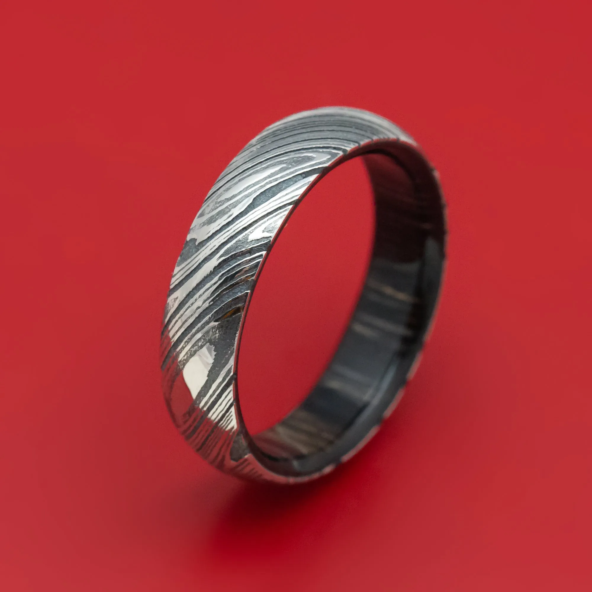 Kuro Damascus Steel Ring With Hardwood Sleeve Custom Made Wood Band