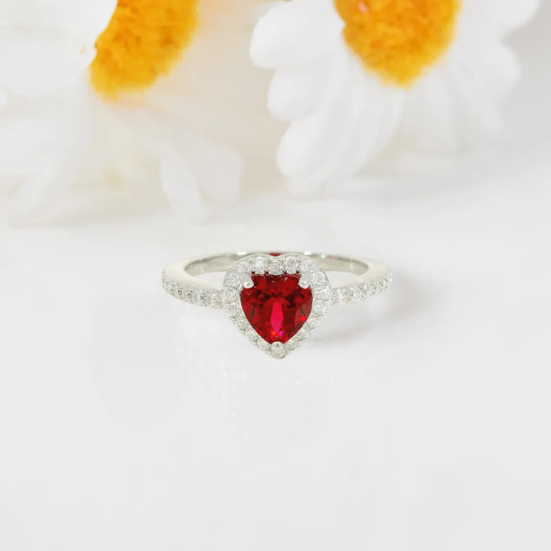Lab Grown Ruby Halo Heart Ring