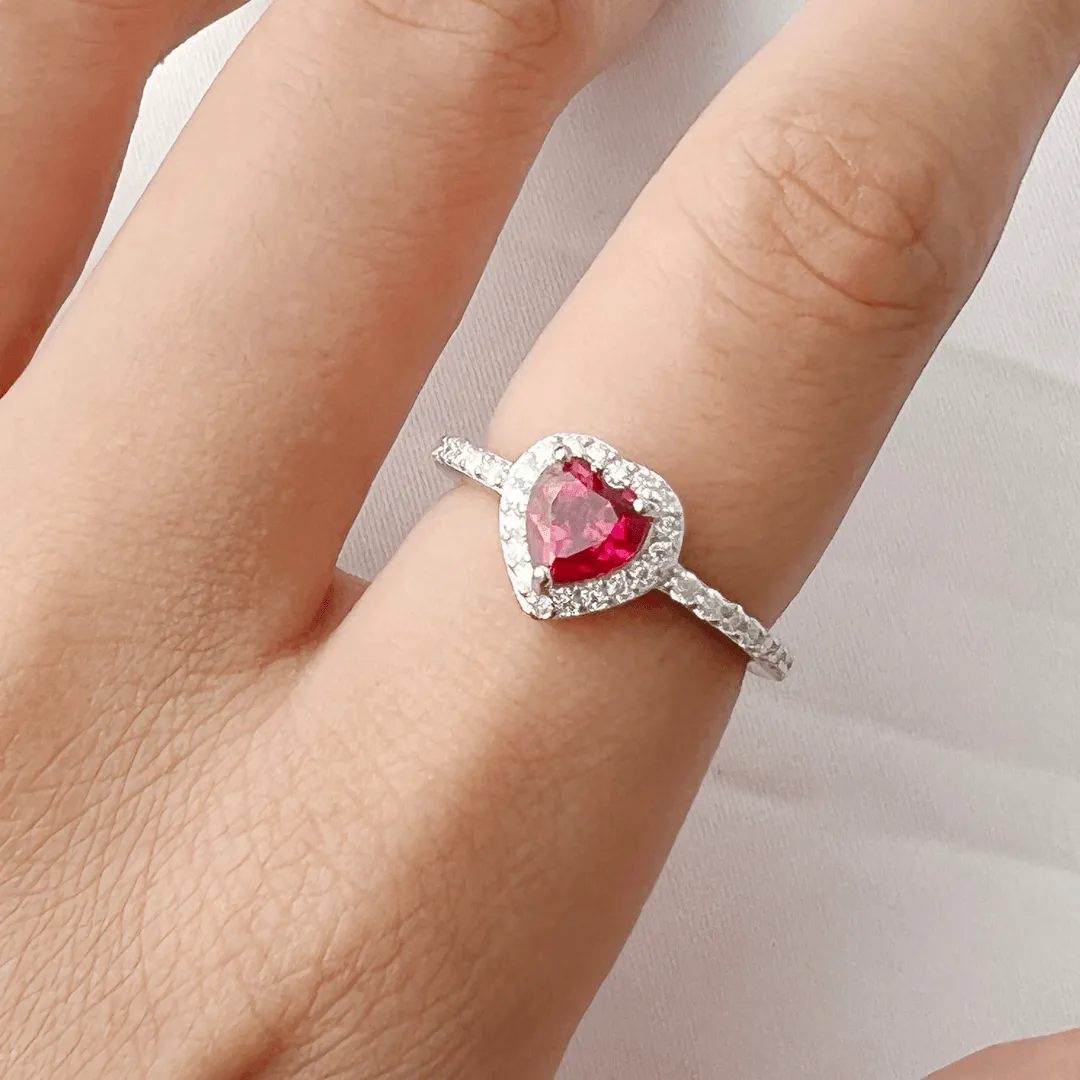 Lab Grown Ruby Halo Heart Ring