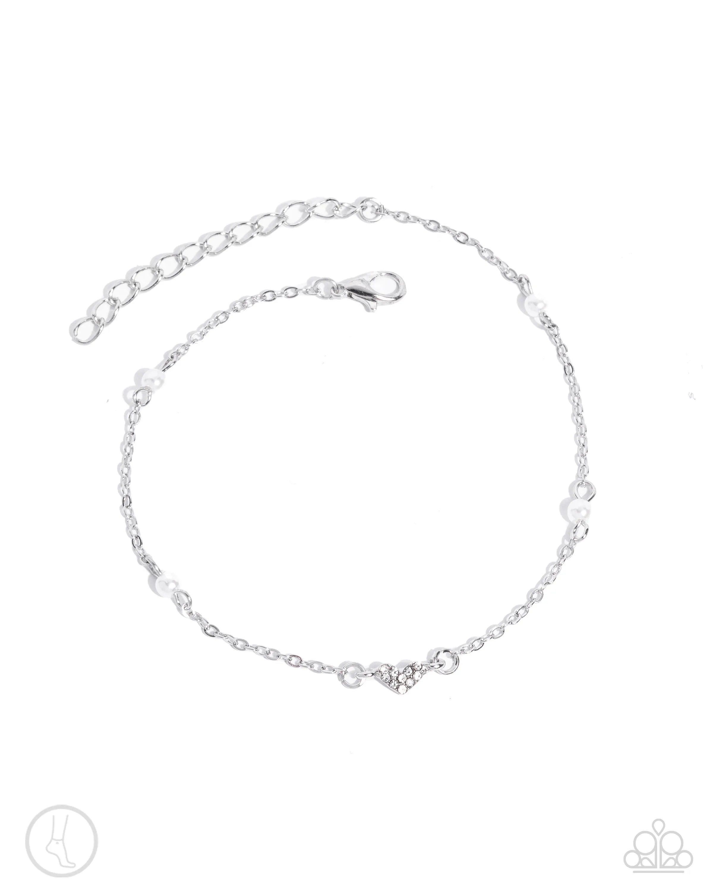 Ladylike Loop - White - Pearl and Rhinestone Silver Heart Paparazzi Anklet
